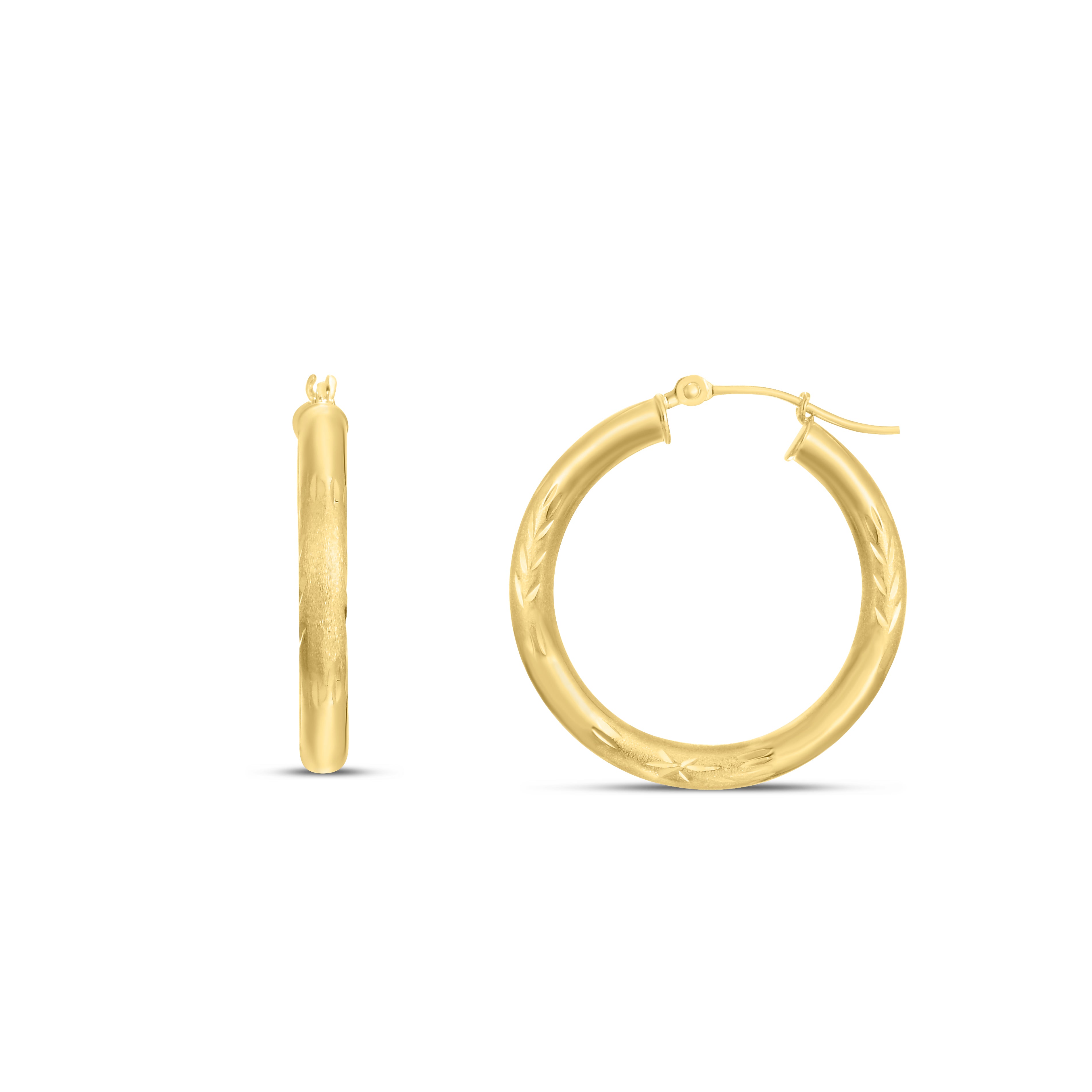 14K Yellow Gold 3X25Mm Diamond Cut And Polished Design Hoop Earring