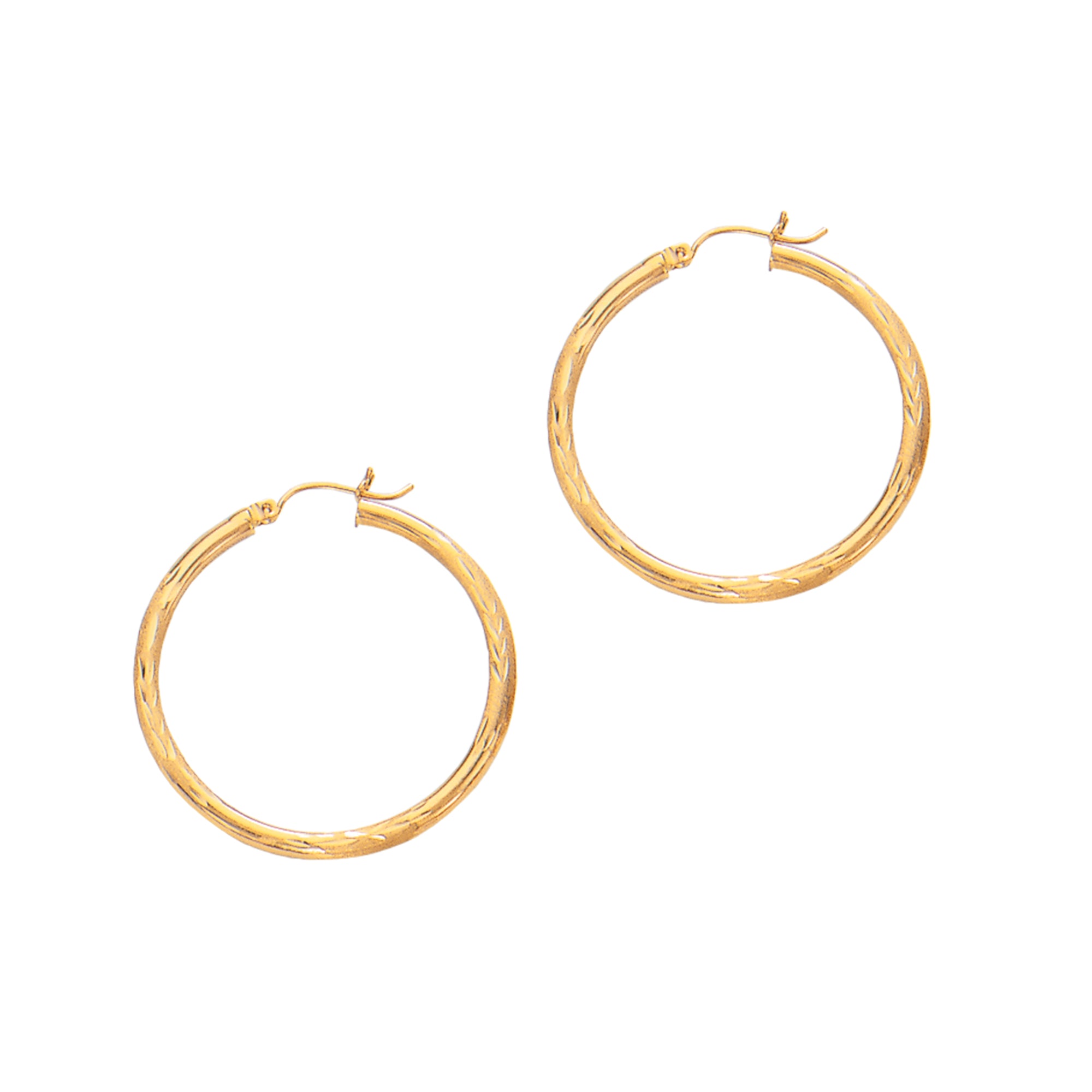 14K Yellow Gold 3X35Mm Diamond Cut And Polished Design Hoop Earring
