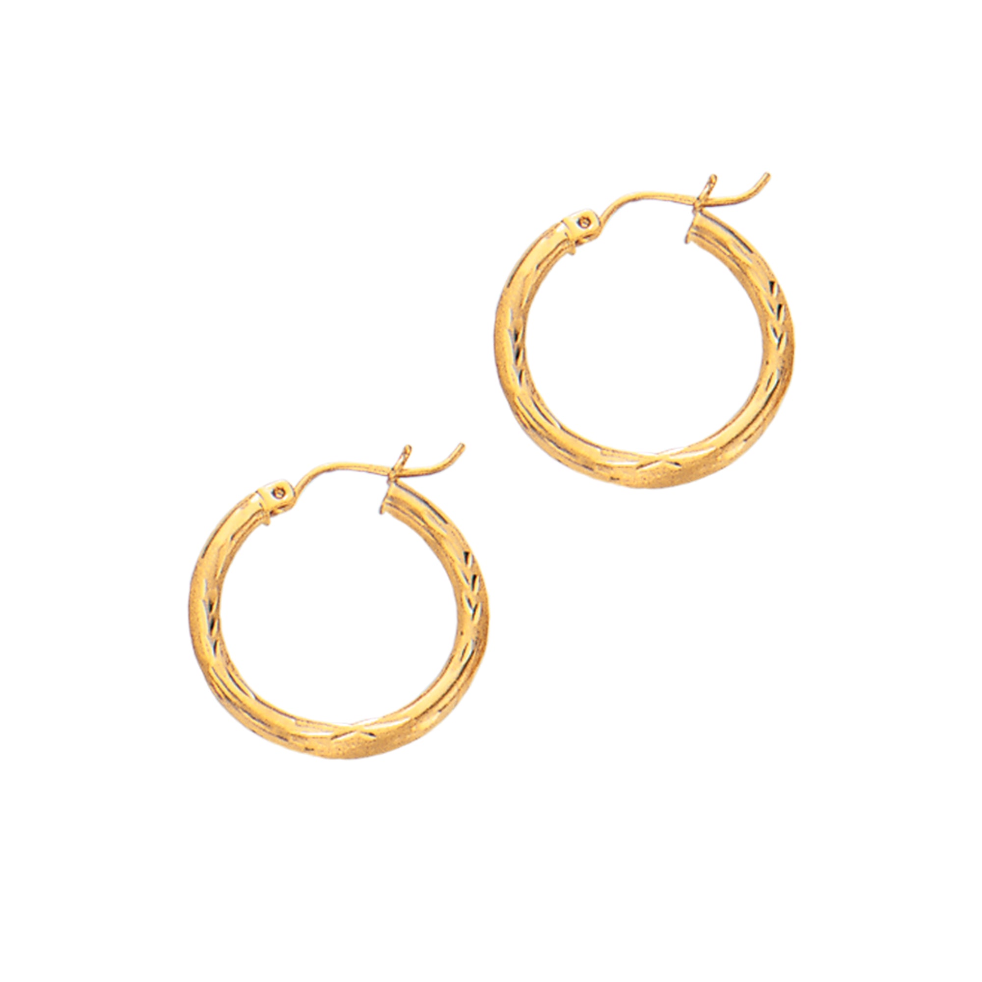 14K Yellow Gold 2x15mm Diamond Cut and Polished Design Hoop Earring