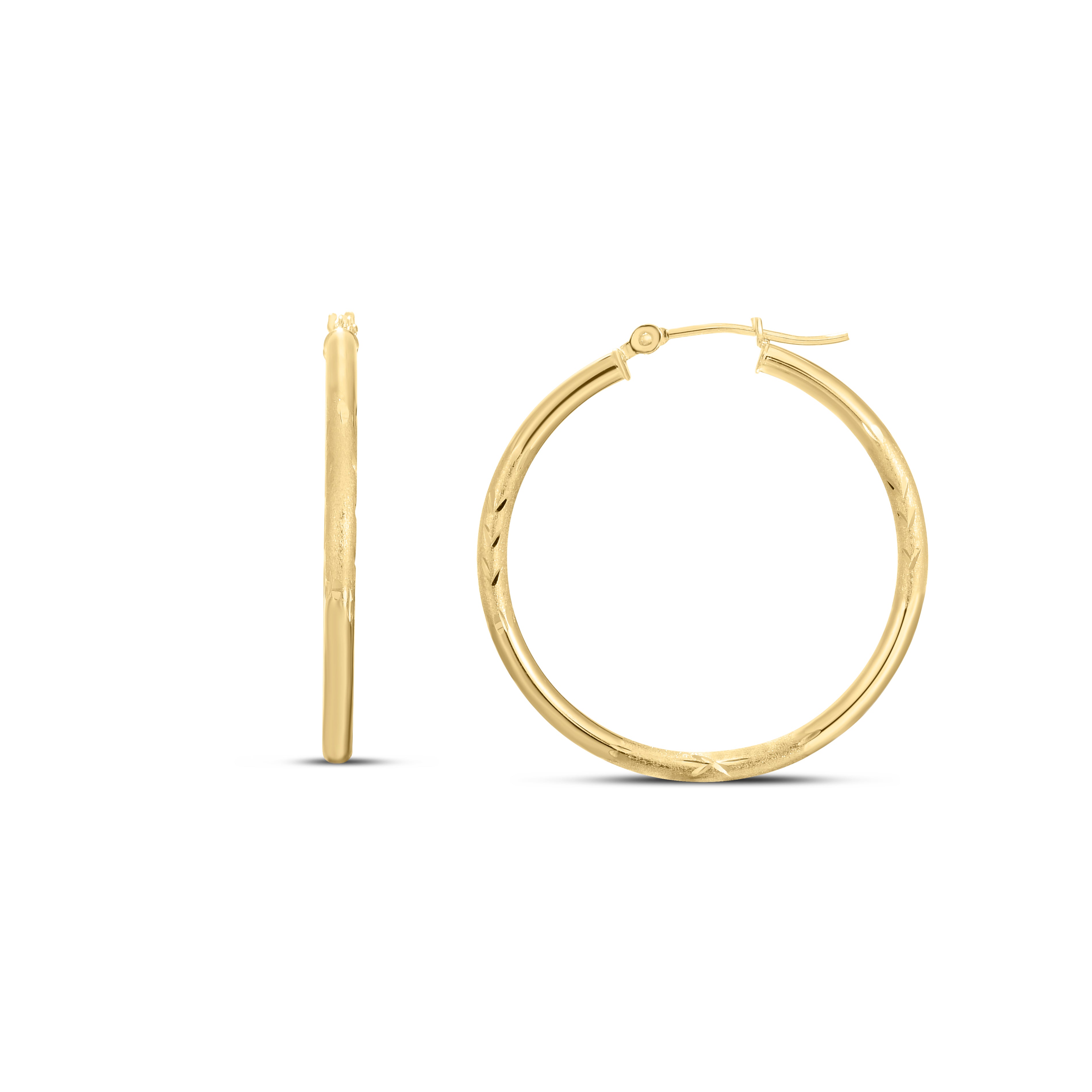 14K Yellow Gold 2X30Mm Diamond Cut And Polished Design Hoop Earring