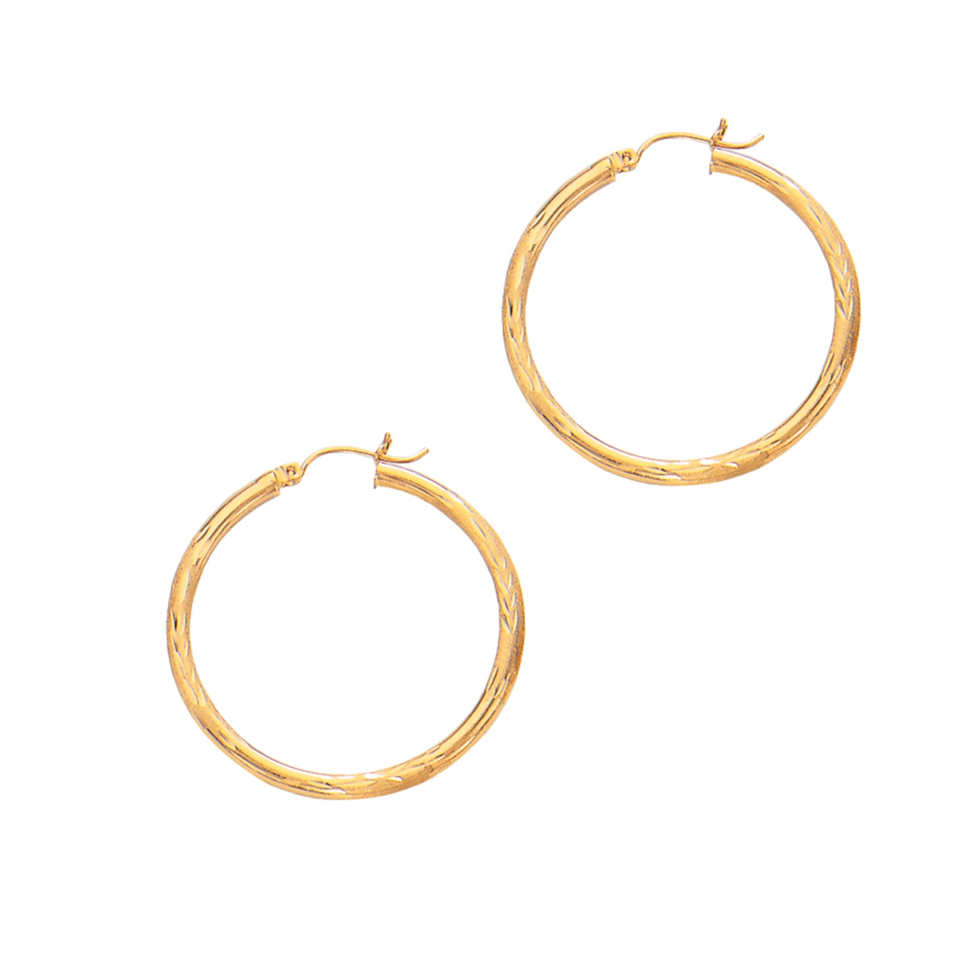 14K Yellow Gold 2x25mm Diamond Cut and Polished Design Hoop Earring