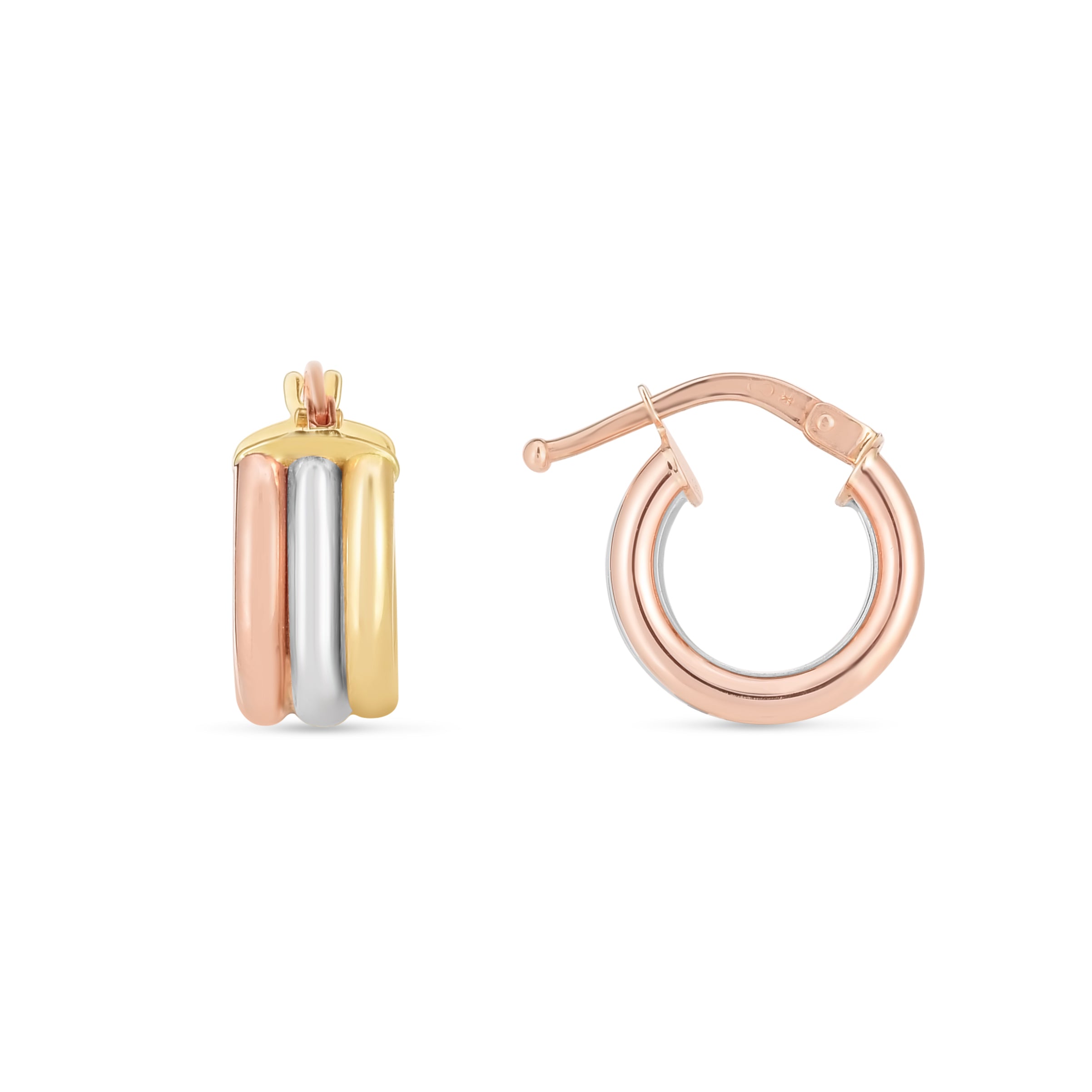 14K Tricolor Trilogy Triple Tube Hoops With Hinged Clasp