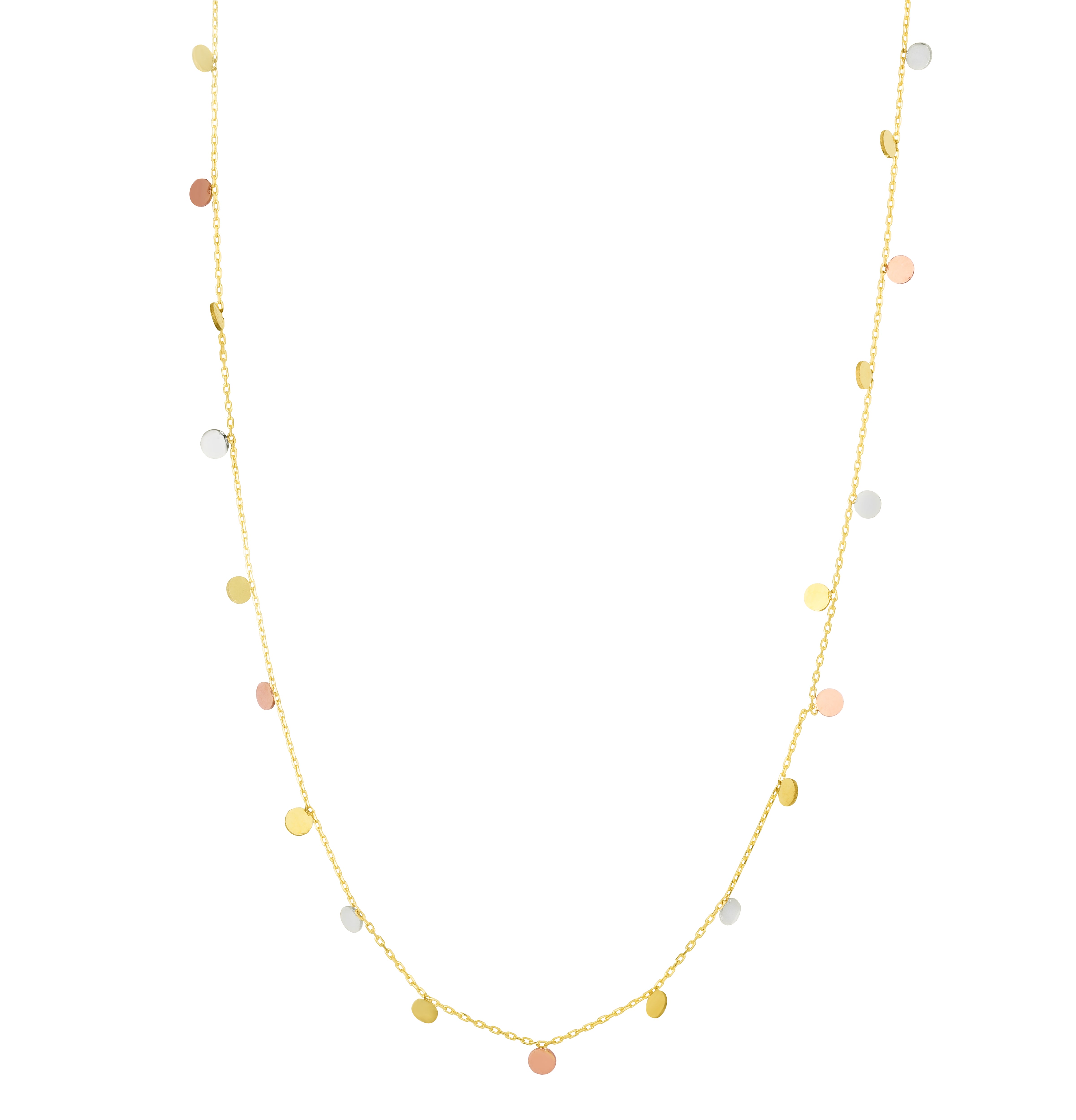 14K Tricolor Dangling Circles 18" Necklace with Spring Ring Clasp.
