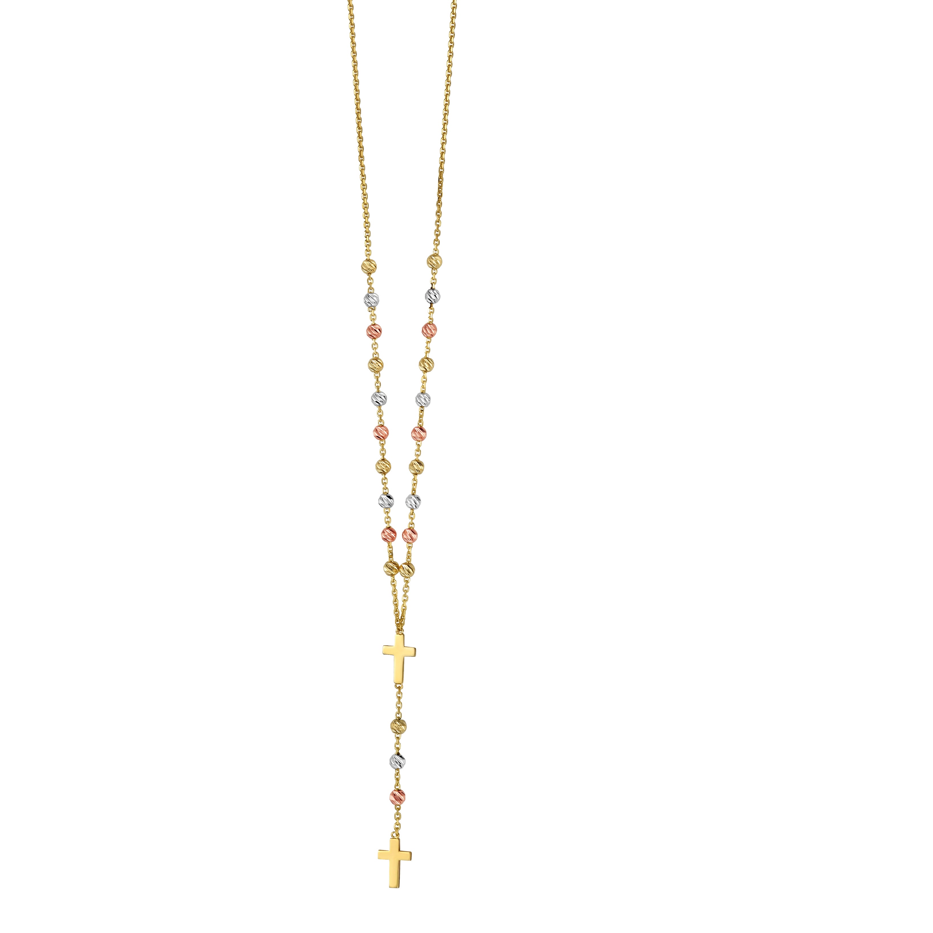 14K Tri-color Gold 17" Drop Cross Rosary Inspired Necklace