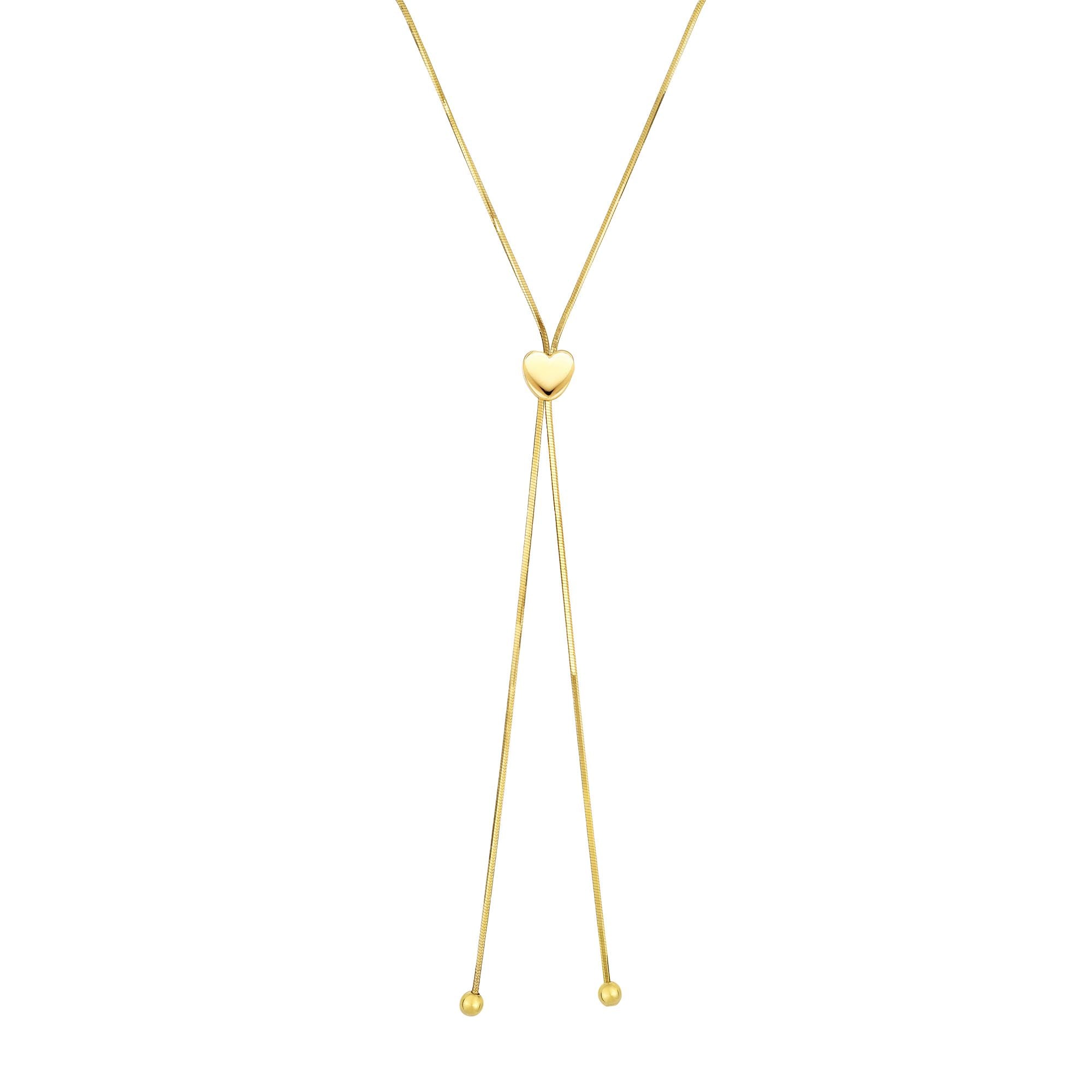 14K Yellow Gold 24" Snake Chain Lariat with Heart Slide Friendship Necklace