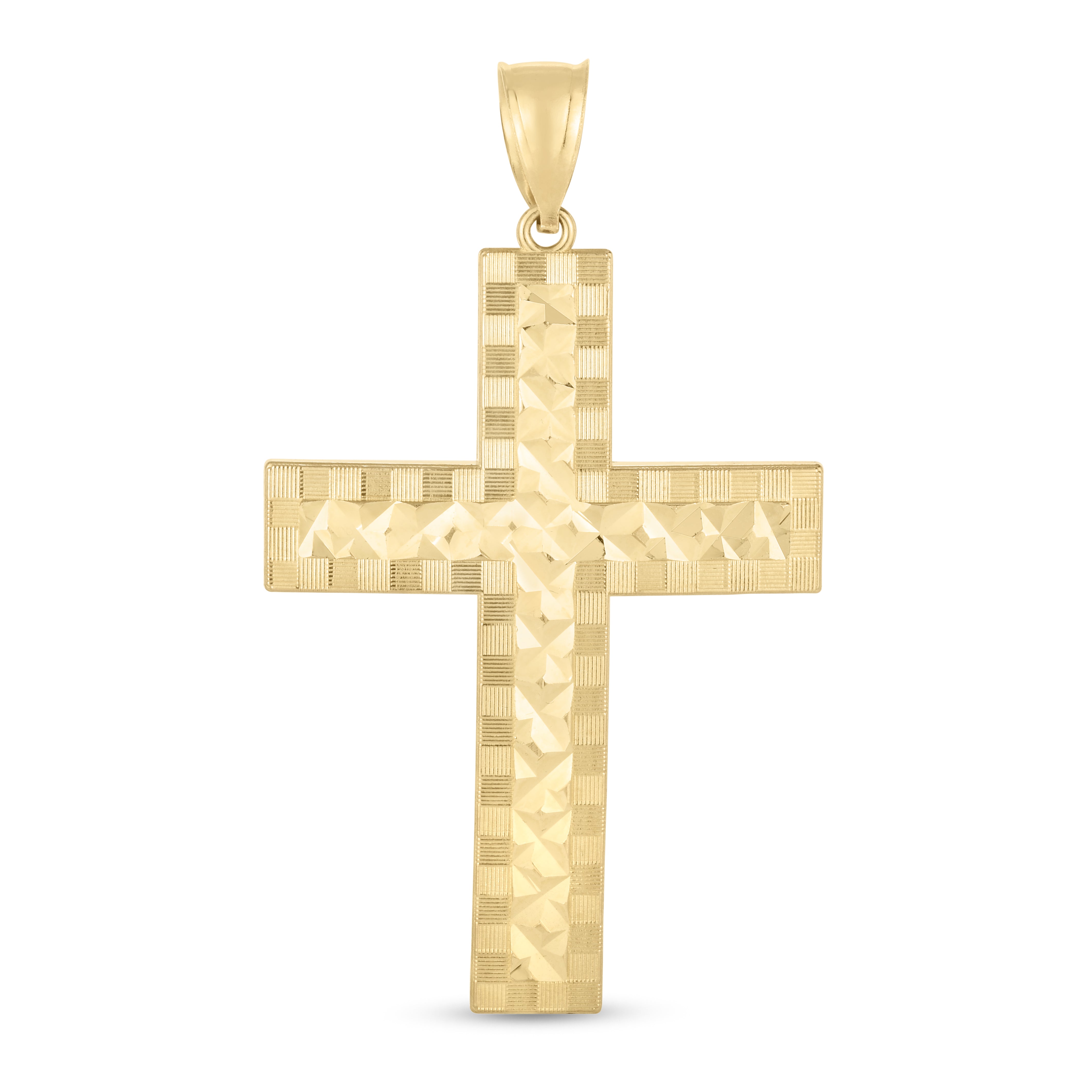 14K Yellow Gold Textured Crisscross Detail Cross Pendant. Sold Individually. Pair it with any of our basic chains.