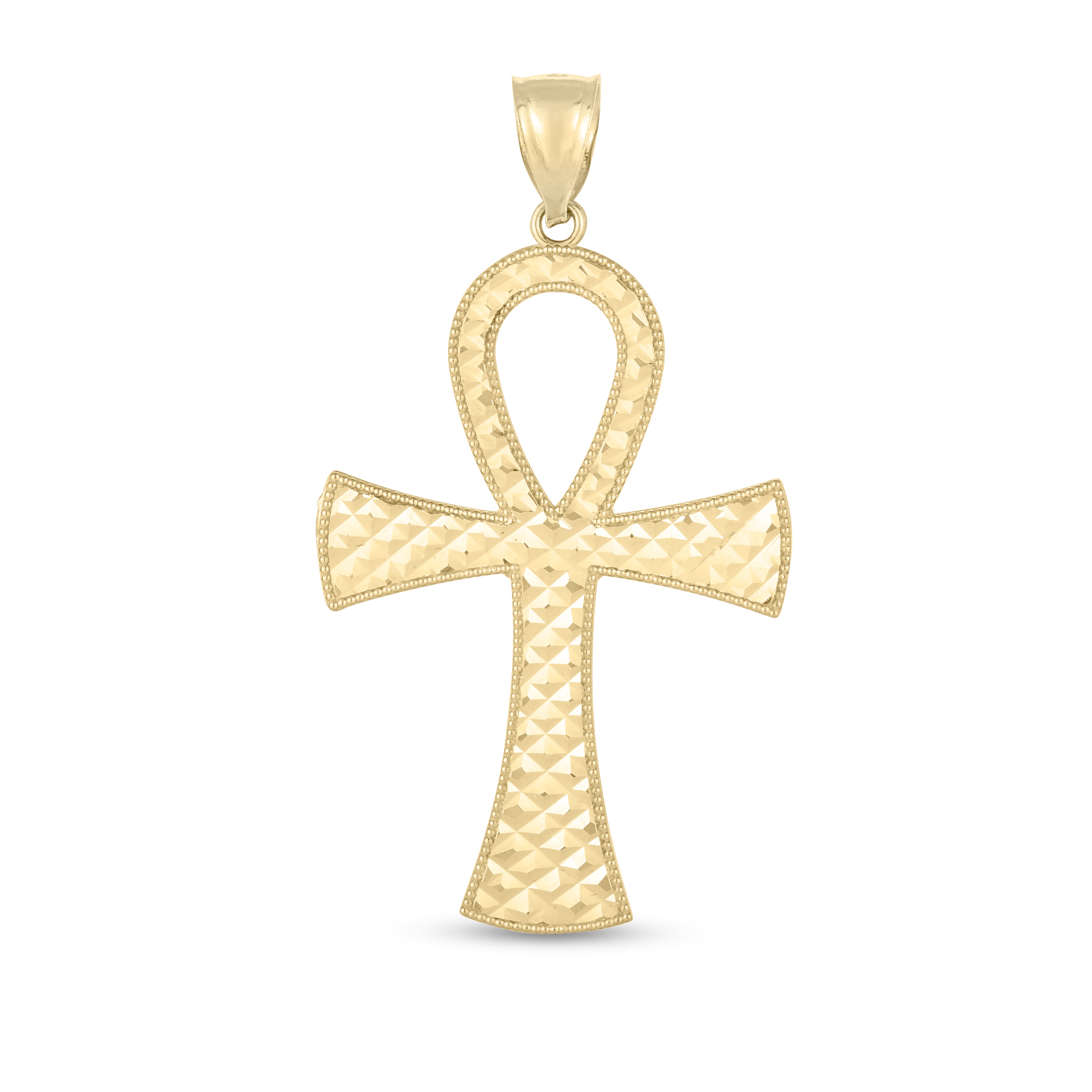 14K Yellow Gold Textured Ankh Cross Pendant. Sold Individually. Pair it with any of our basic chains.