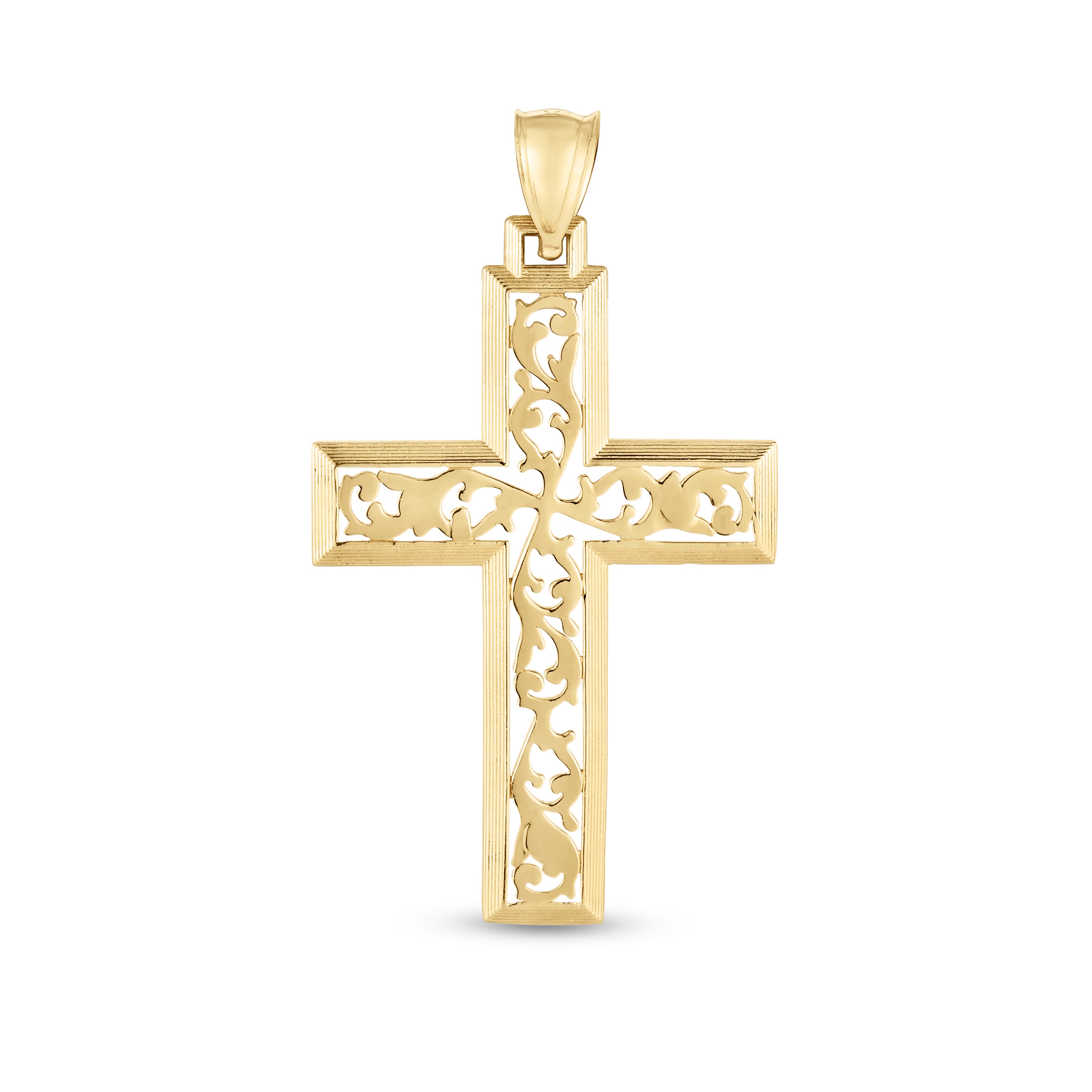 14K Yellow Gold Polished Vine Cross Pendant. Sold Individually. Pair it with any of our basic chains.
