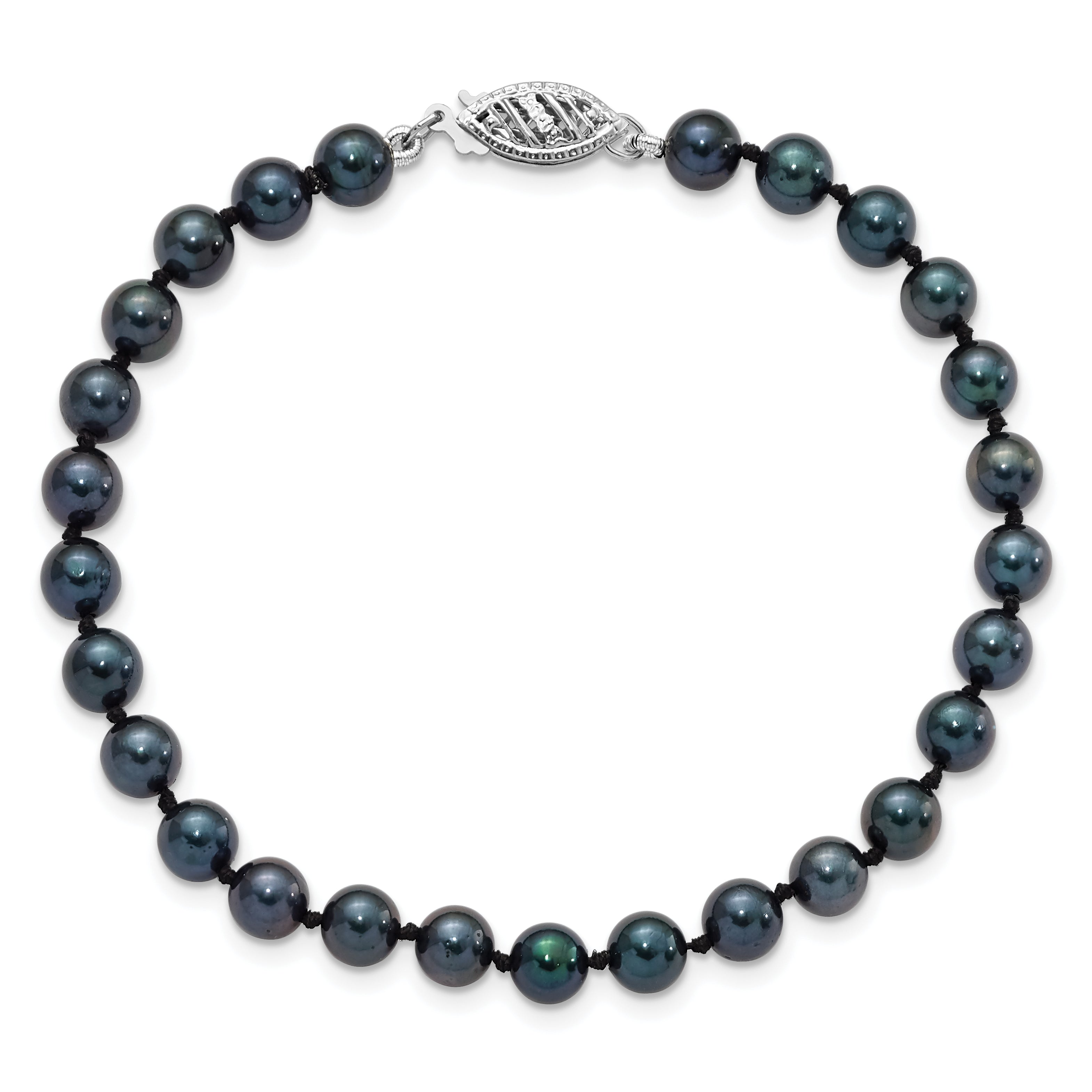14k White Gold 5-6mm Black Round Akoya Saltwater Cultured Pearl 7 inch Bracelet