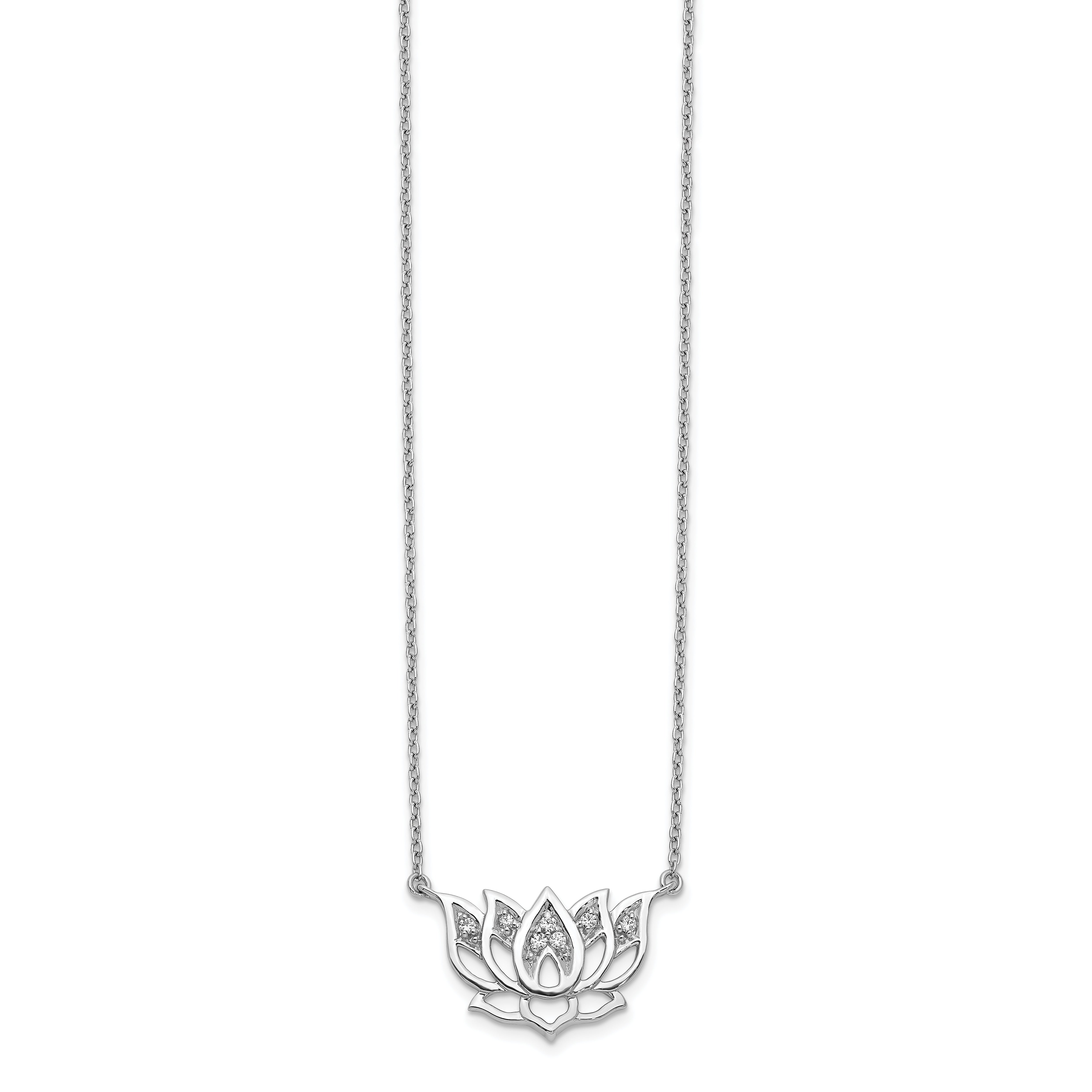 14k White Gold 1/15 carat Lab Grown Diamond VS/SI+ G+ Complete Lotus Flower 18 inch Necklace