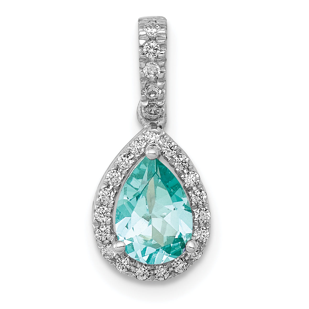 Pure Serenity 14k White Gold 1/8 carat Lab Grown Diamond VS/SI+ G+ and Lab Created Paraiba Pear Pendant