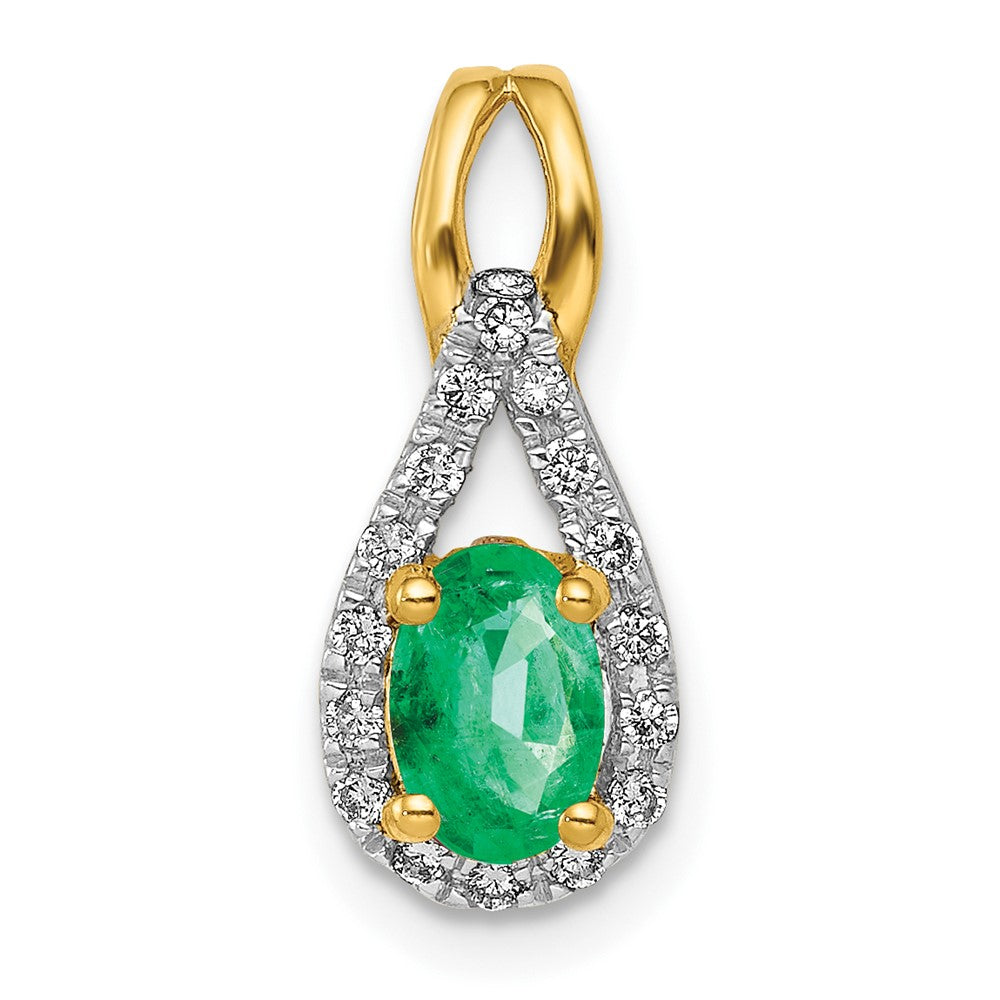 14K Lab Grown VS/SI FGH Dia and Oval Created Emerald Teardrop Pendant