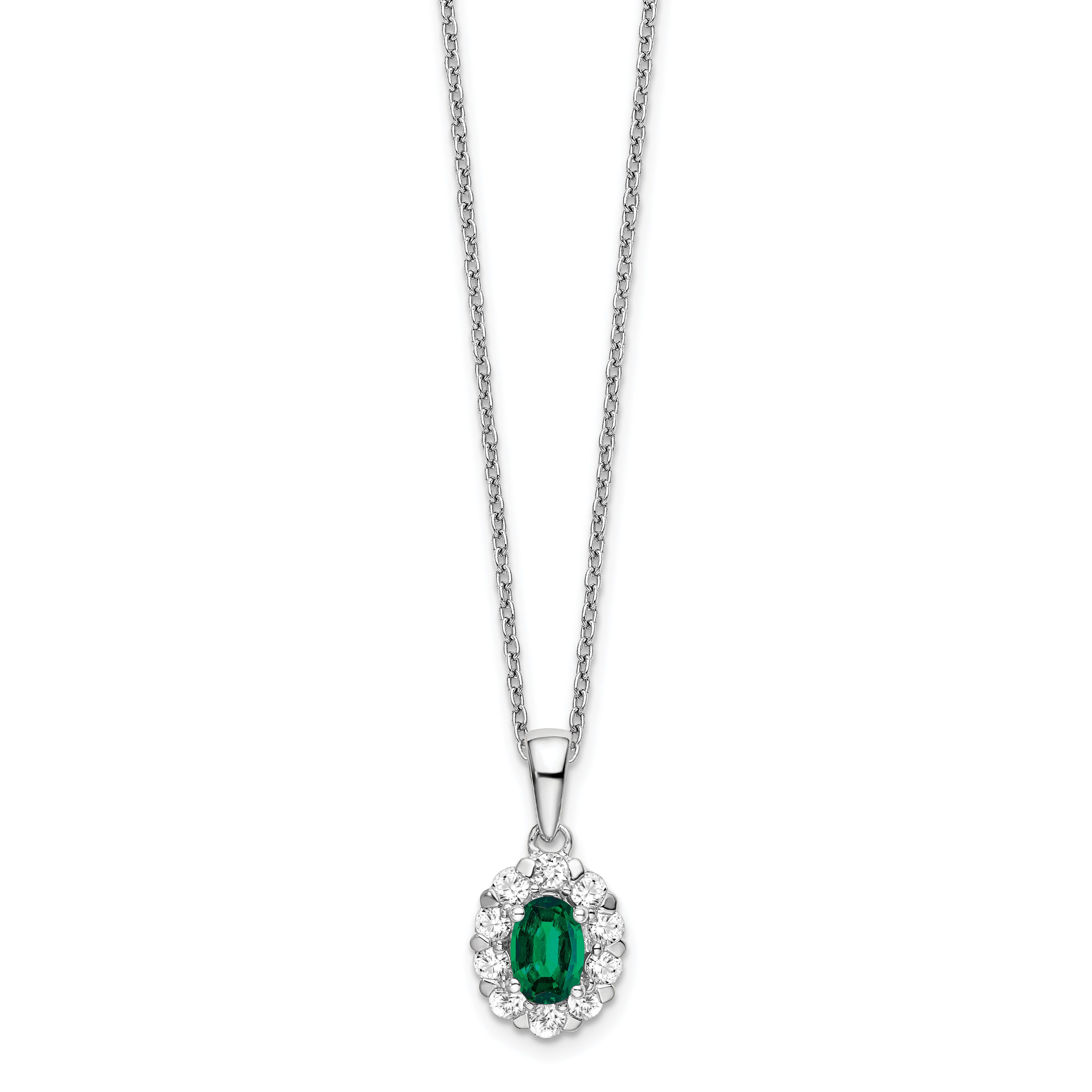 14k White Gold 1/2 carat Lab Grown Diamond VS/SI+ G+ and Oval Lab Created Emerald Complete 18 inch Halo Pendant Necklace