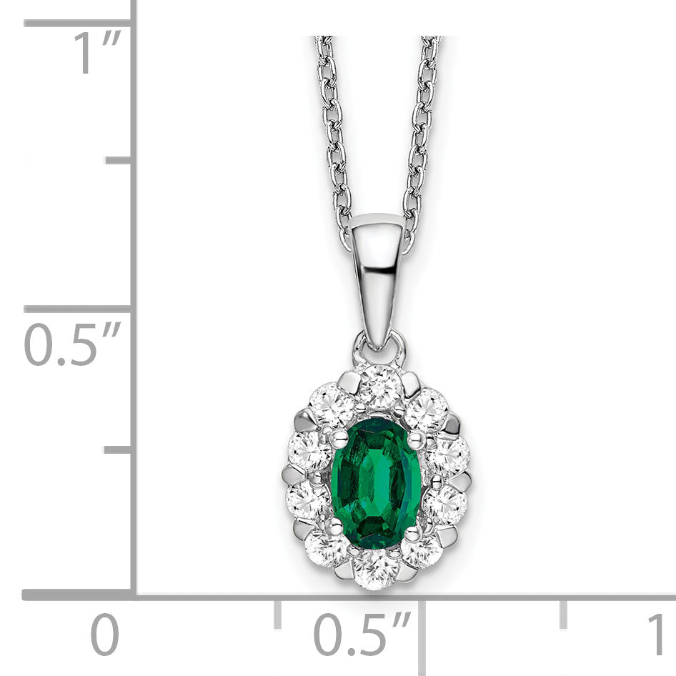 14k White Gold 1/2 carat Lab Grown Diamond VS/SI+ G+ and Oval Lab Created Emerald Complete 18 inch Halo Pendant Necklace