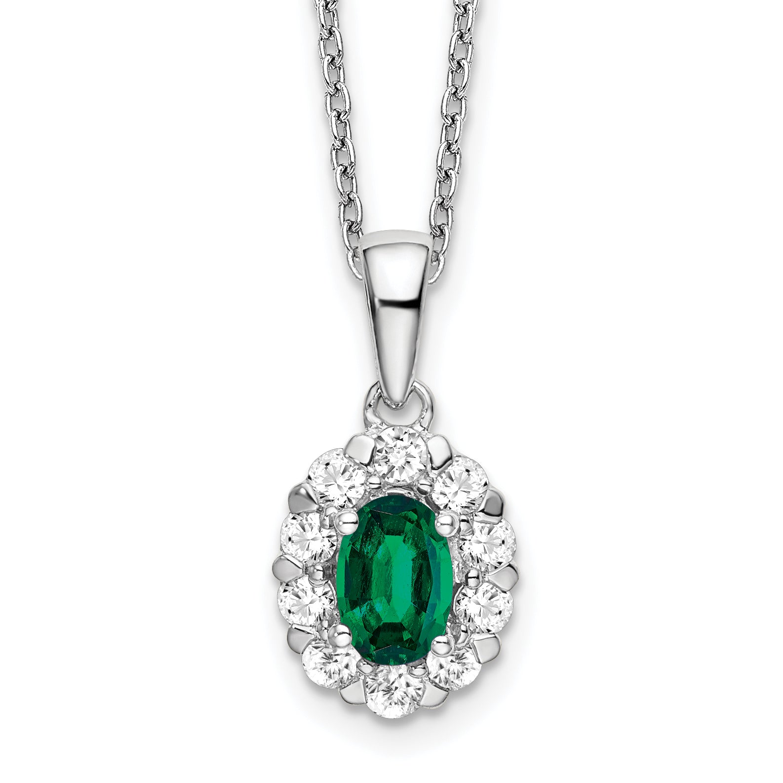 14k White Gold 1/2 carat Lab Grown Diamond VS/SI+ G+ and Oval Lab Created Emerald Complete 18 inch Halo Pendant Necklace