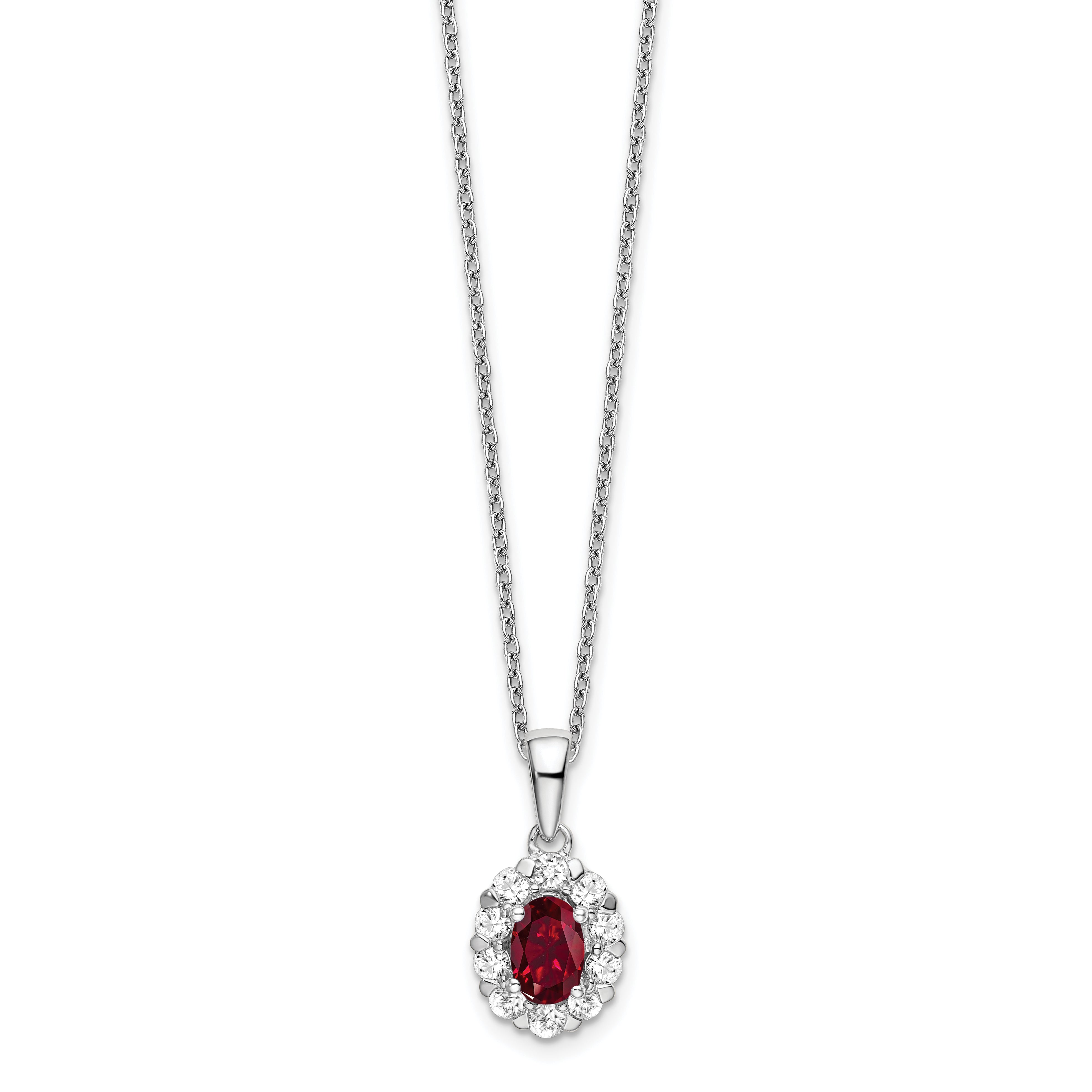 14k White Gold 1/2 carat Lab Grown Diamond VS/SI+ G+ and Oval Lab Created Ruby Complete 18 inch Halo Pendant Necklace