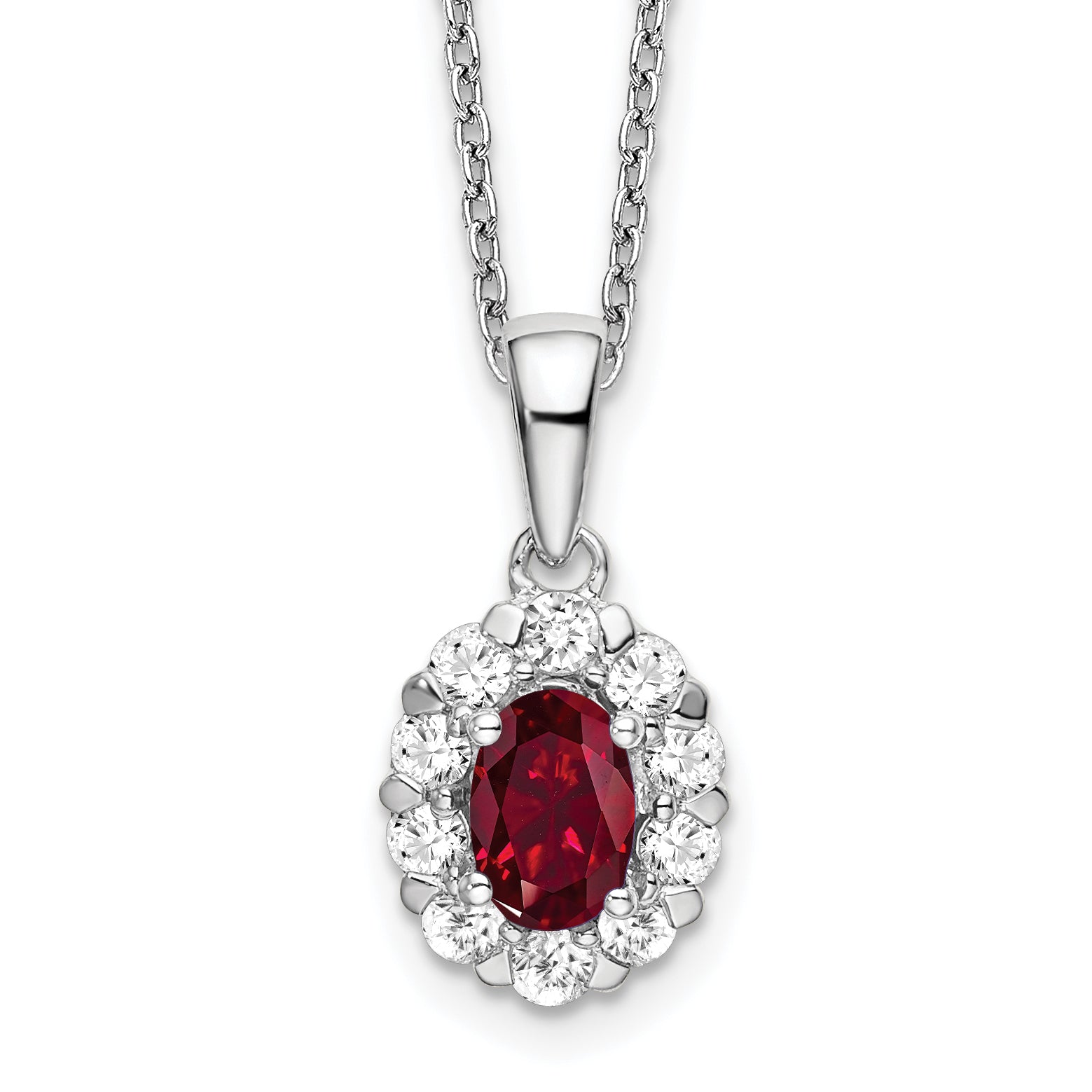 14k White Gold 1/2 carat Lab Grown Diamond VS/SI+ G+ and Oval Lab Created Ruby Complete 18 inch Halo Pendant Necklace