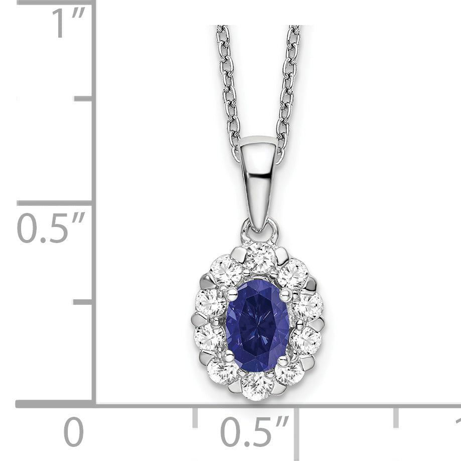 14k White Gold 1/2 carat Lab Grown Diamond VS/SI+ G+ and Oval Lab Created Blue Sapphire Complete 18 inch Halo Pendant Necklace