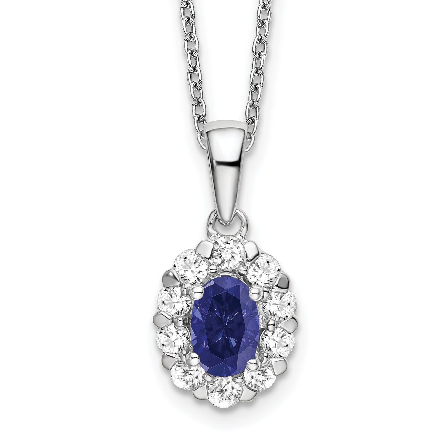 14k White Gold 1/2 carat Lab Grown Diamond VS/SI+ G+ and Oval Lab Created Blue Sapphire Complete 18 inch Halo Pendant Necklace