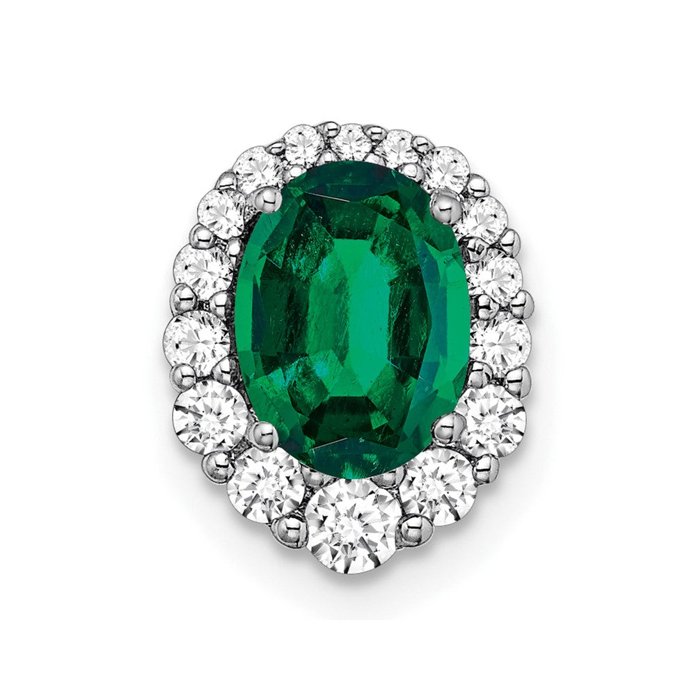14K White Gold Lab Grown VS/SI FGH Dia and Created Emerald Halo Chain Slide