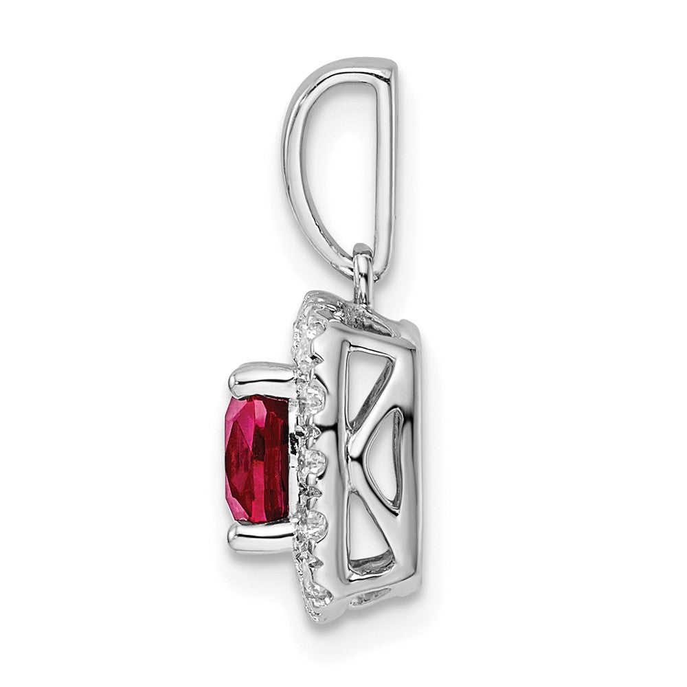 14K White Gold Lab Grown VS/SI FGH Dia and Created Ruby Halo Pendant