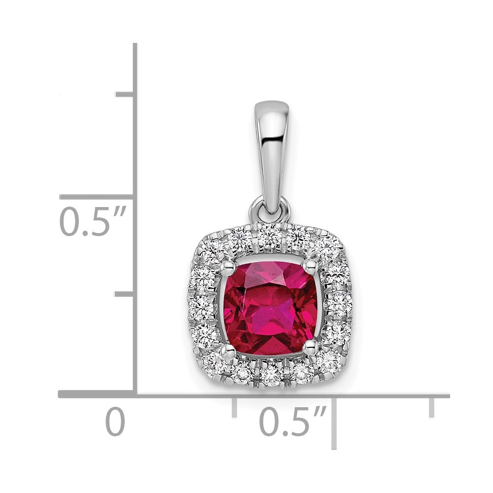 14K White Gold Lab Grown VS/SI FGH Dia and Created Ruby Halo Pendant