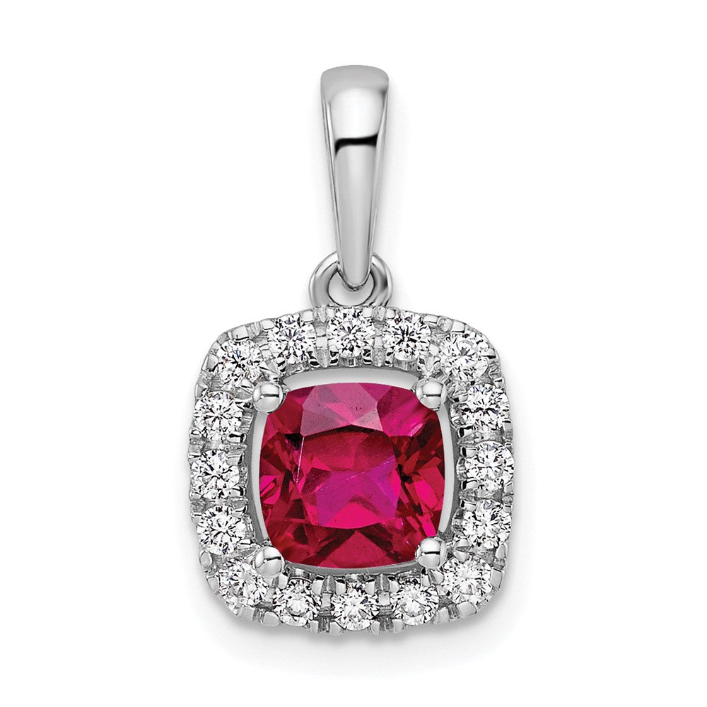 14K White Gold Lab Grown VS/SI FGH Dia and Created Ruby Halo Pendant
