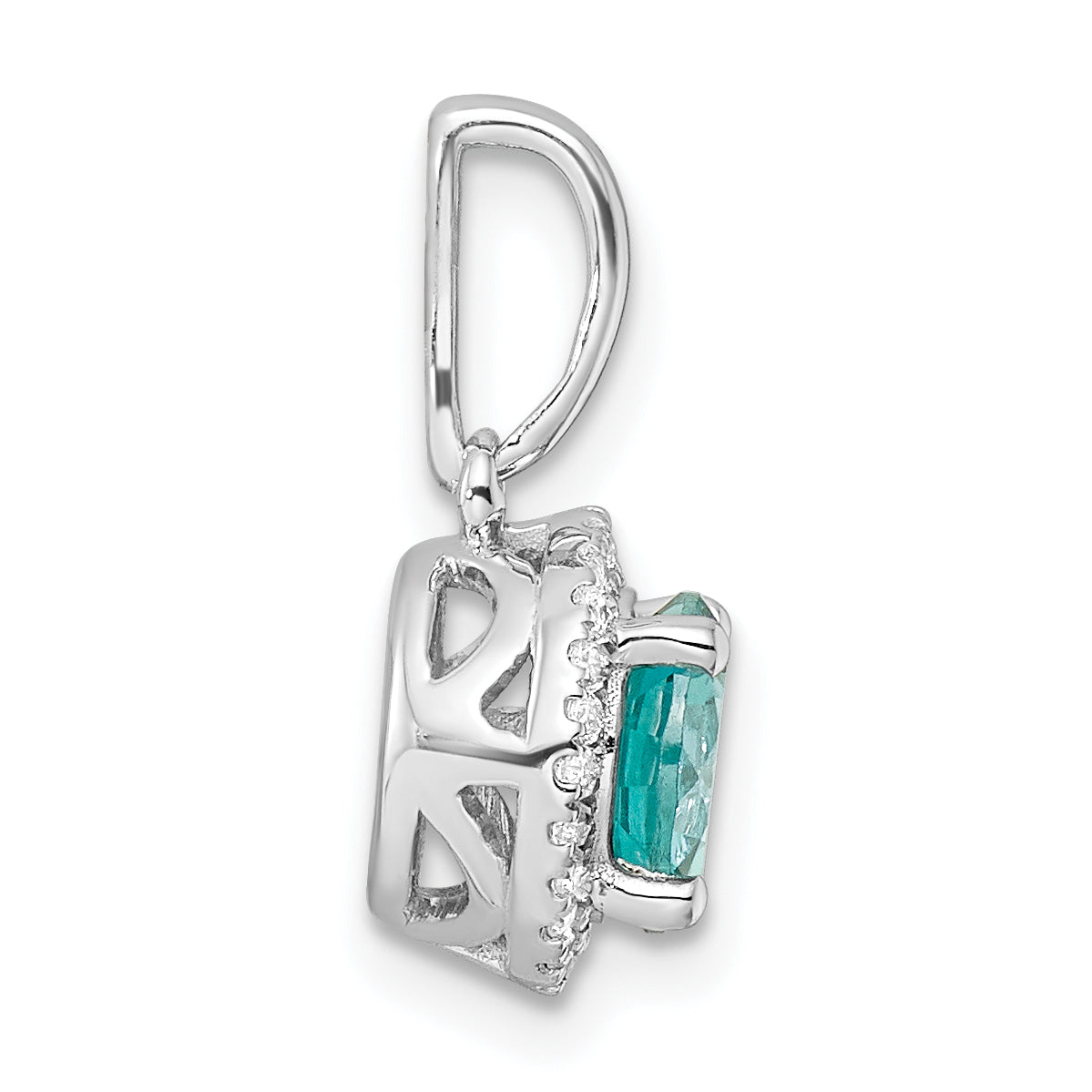 Pure Serenity 14k White Gold 1/10 carat Lab Grown Diamond VS/SI+ G+ and Lab Created Paraiba Halo Pendant
