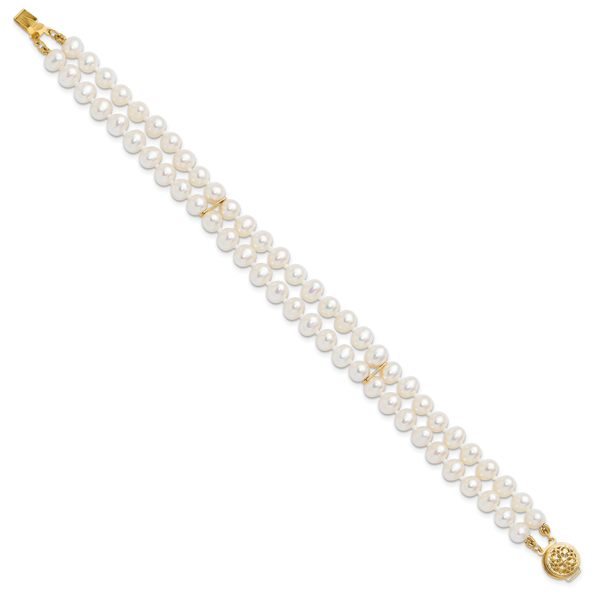 14k 5-6mm White Near-Round Freshwater Cultured Pearl 2-Strand 7.5 inch Bracelet