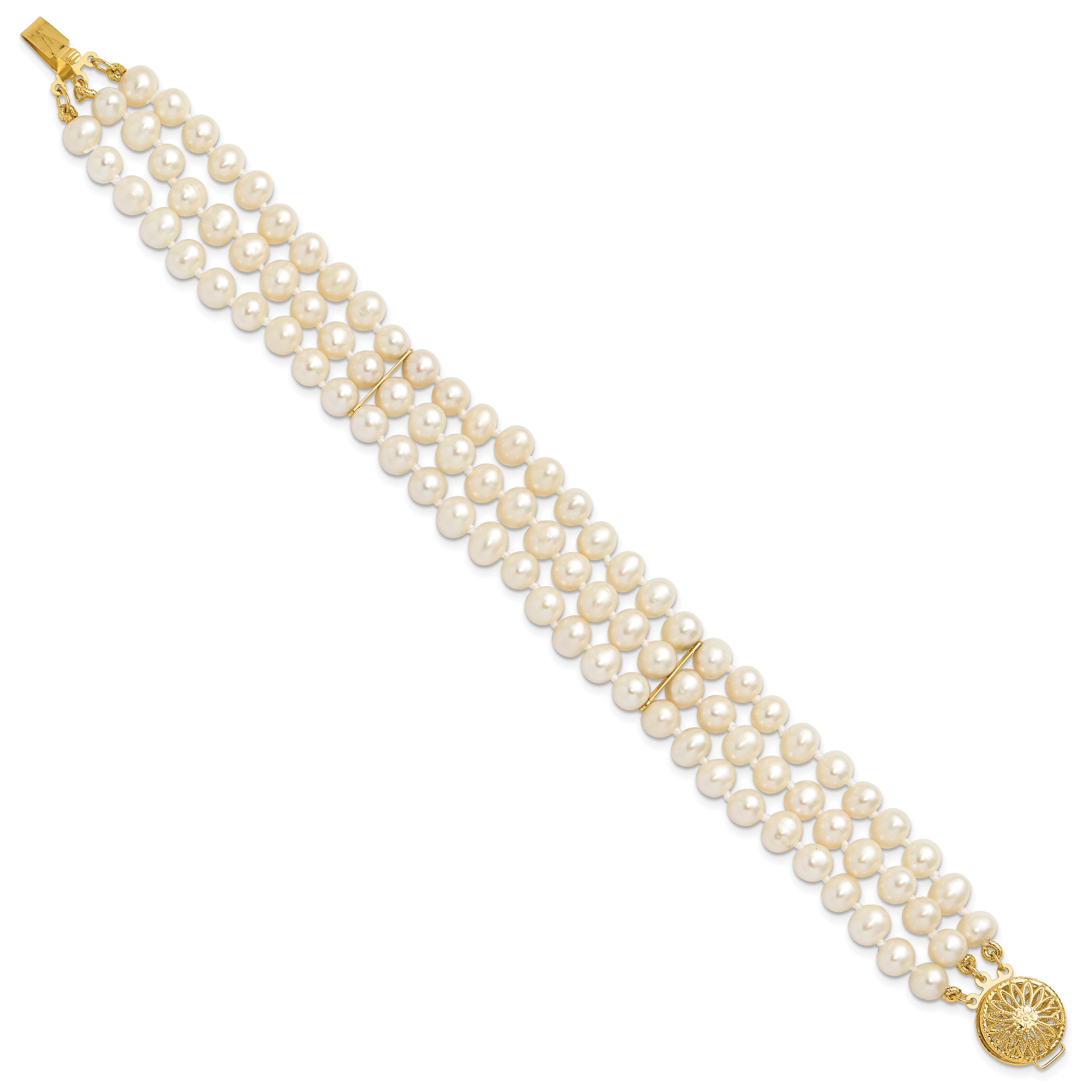 14k 5-6mm White Near-Round Freshwater Cultured Pearl 3-Strand 7.5 inch Bracelet