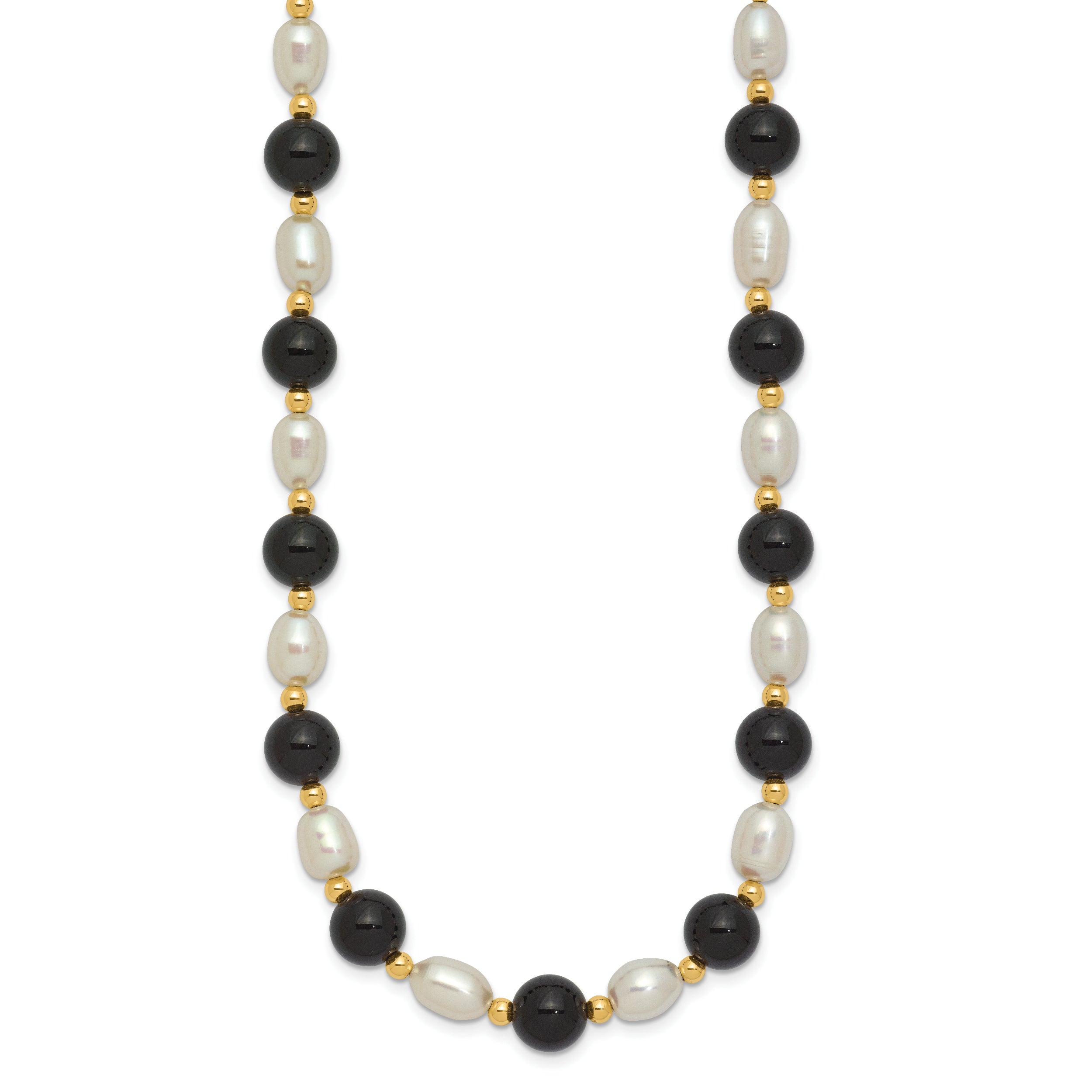 14k 6-7mm White Rice Freshwater Cultured Pearl and Onyx Beads 17 inch Necklace
