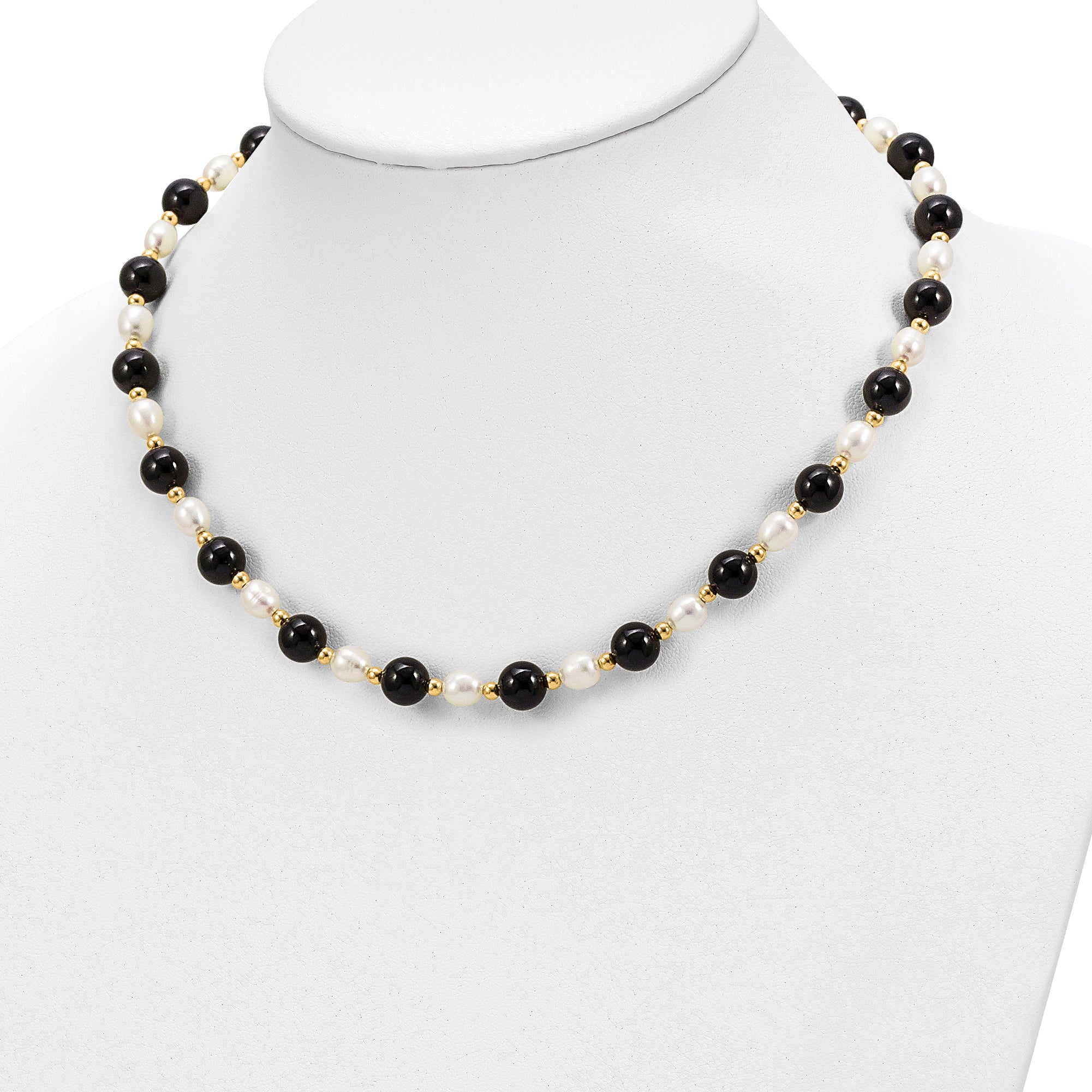 14k 6-7mm White Rice Freshwater Cultured Pearl and Onyx Beads 17 inch Necklace