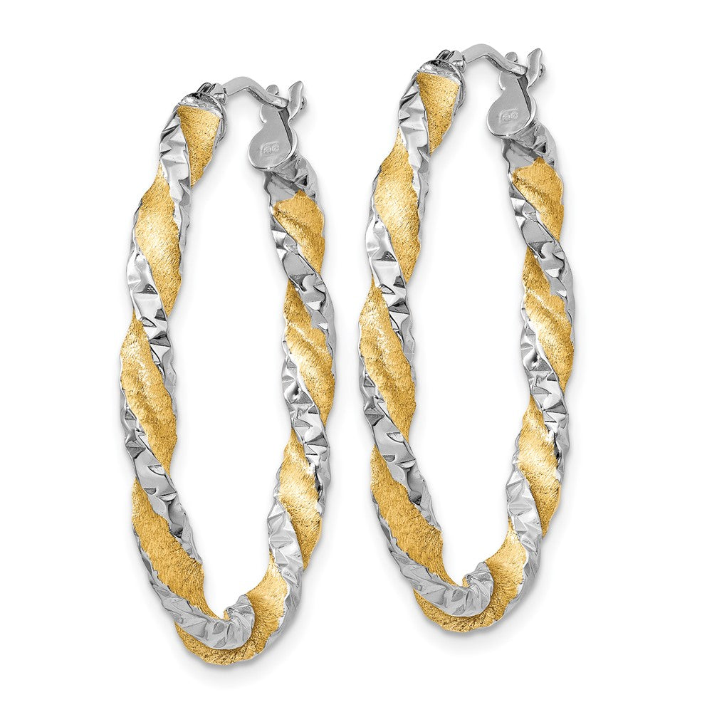 14k White Gold & Yellow Rhodium Twisted D/C Oval Hoop Earrings