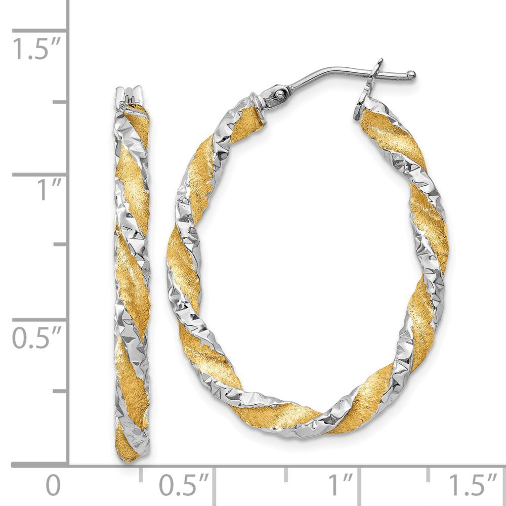 14k White Gold & Yellow Rhodium Twisted D/C Oval Hoop Earrings