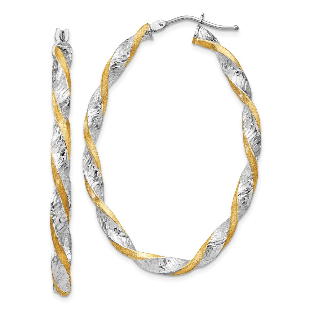 14k White Gold & Yellow Rhodium Twisted D/C Oval Hoop Earrings