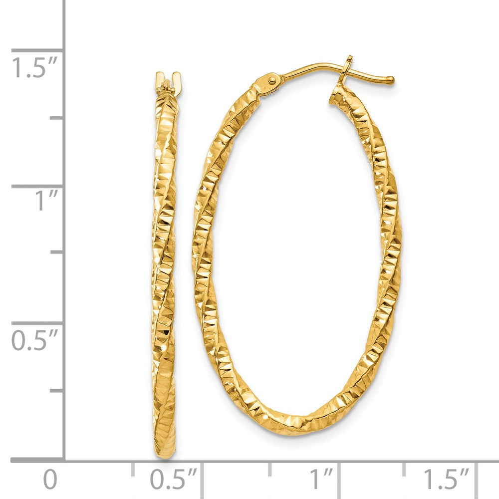 14ky 2mm Diamond-cut Oval Hoop Earrings