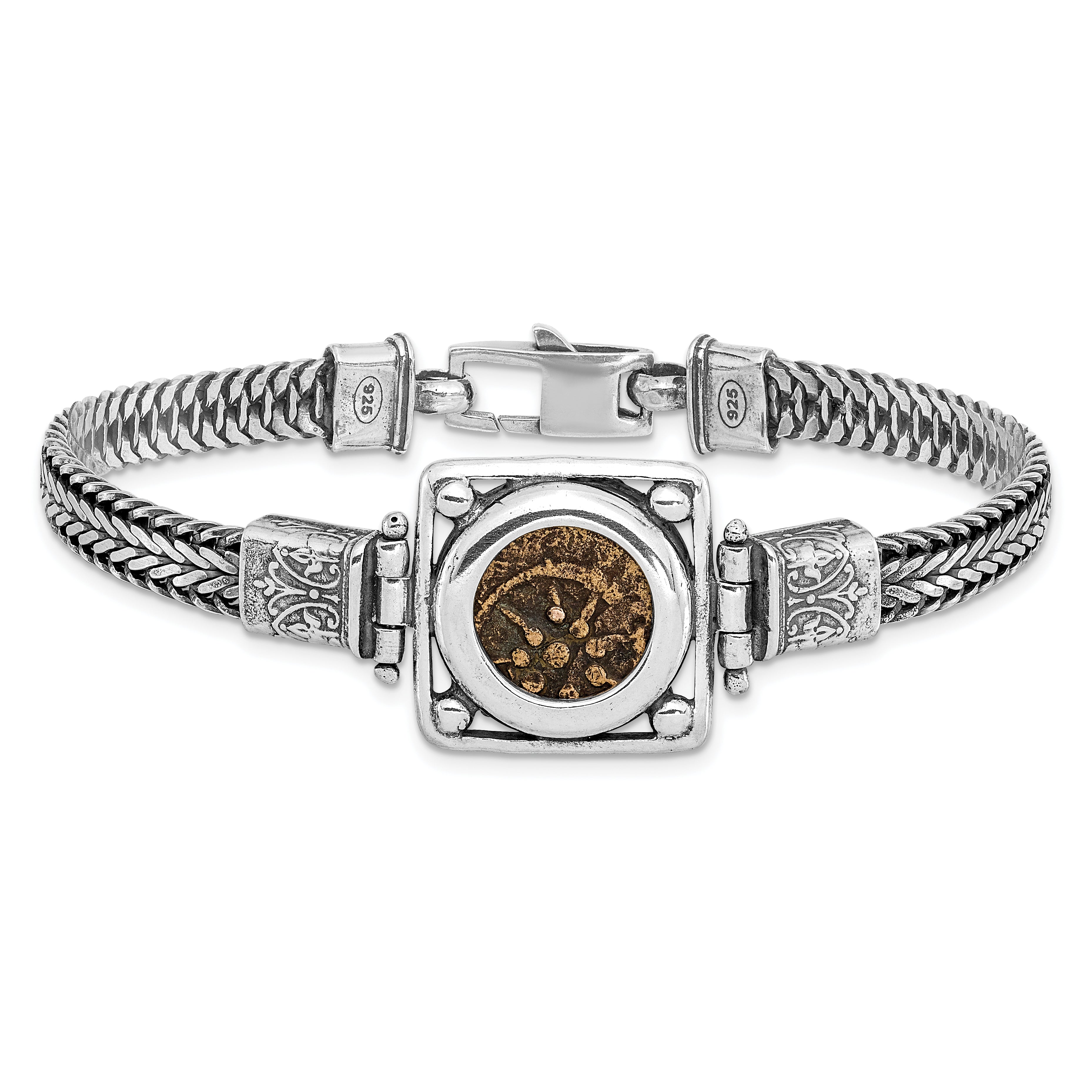 Ancient Coins Sterling Silver and Bronze Antiqued Widow's Mite Coin 7 inch Fancy Lobster Clasp Bracelet with a Certificate of Authenticity