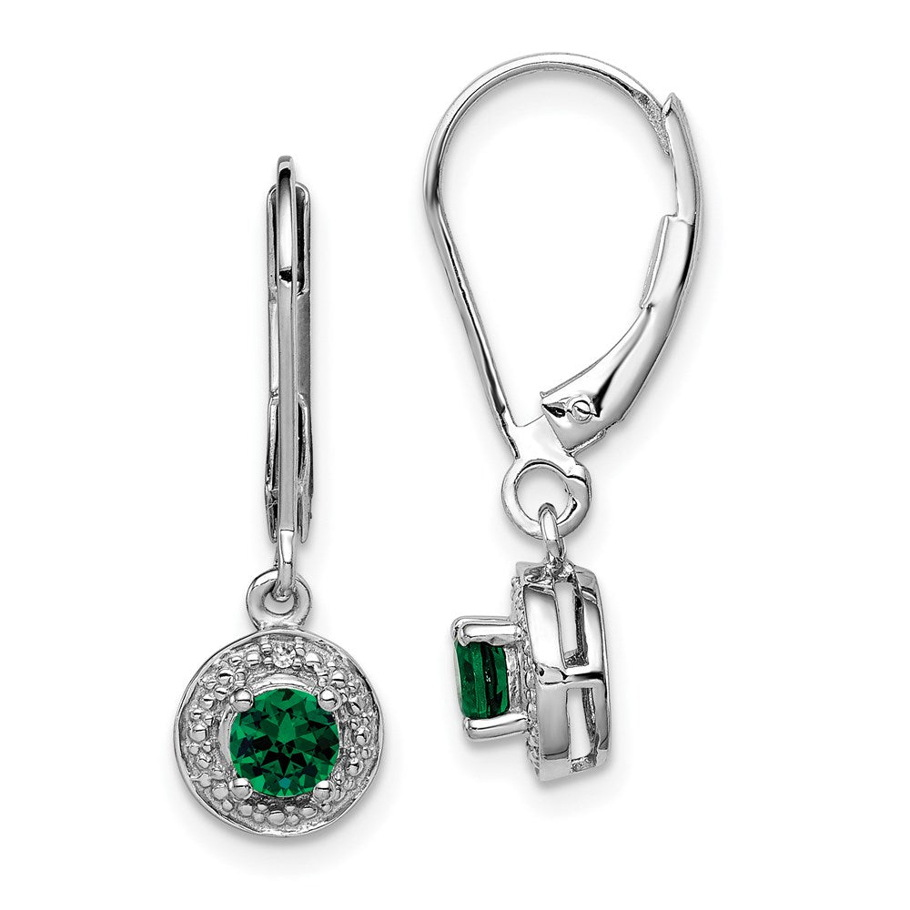 Sterling Silver Rhodium-plated Diam. & Created Emerald Earrings