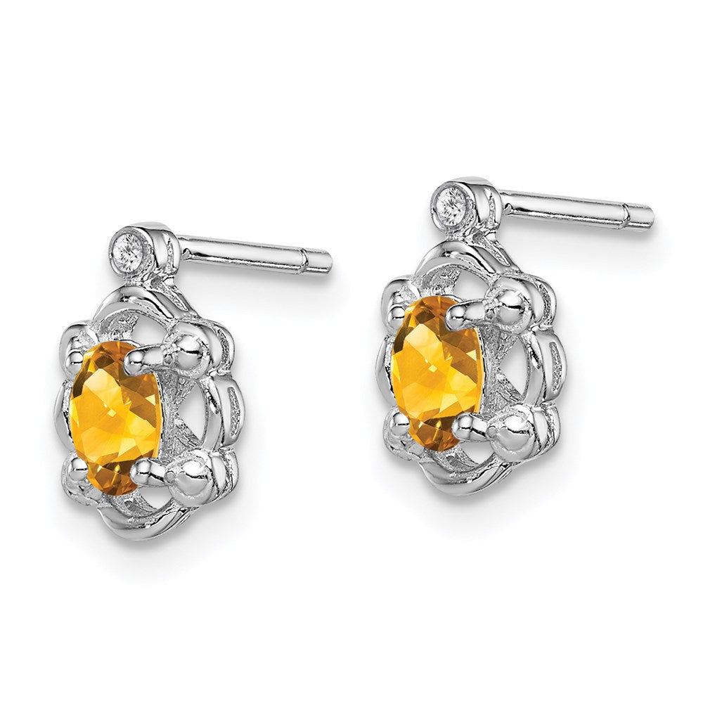 Sterling Silver Rhodium-plated Citrine & Diam. Earrings