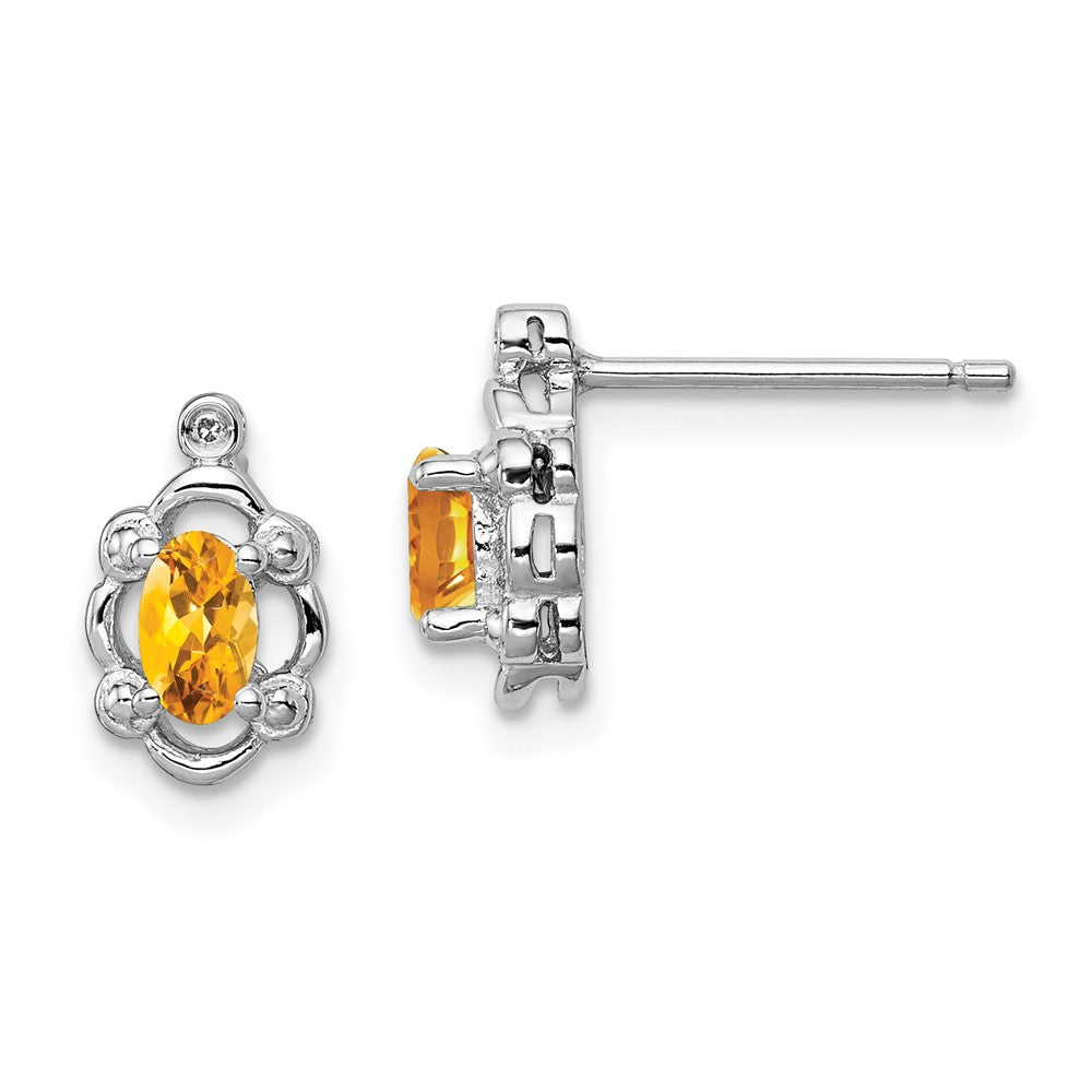 Sterling Silver Rhodium-plated Citrine & Diam. Earrings