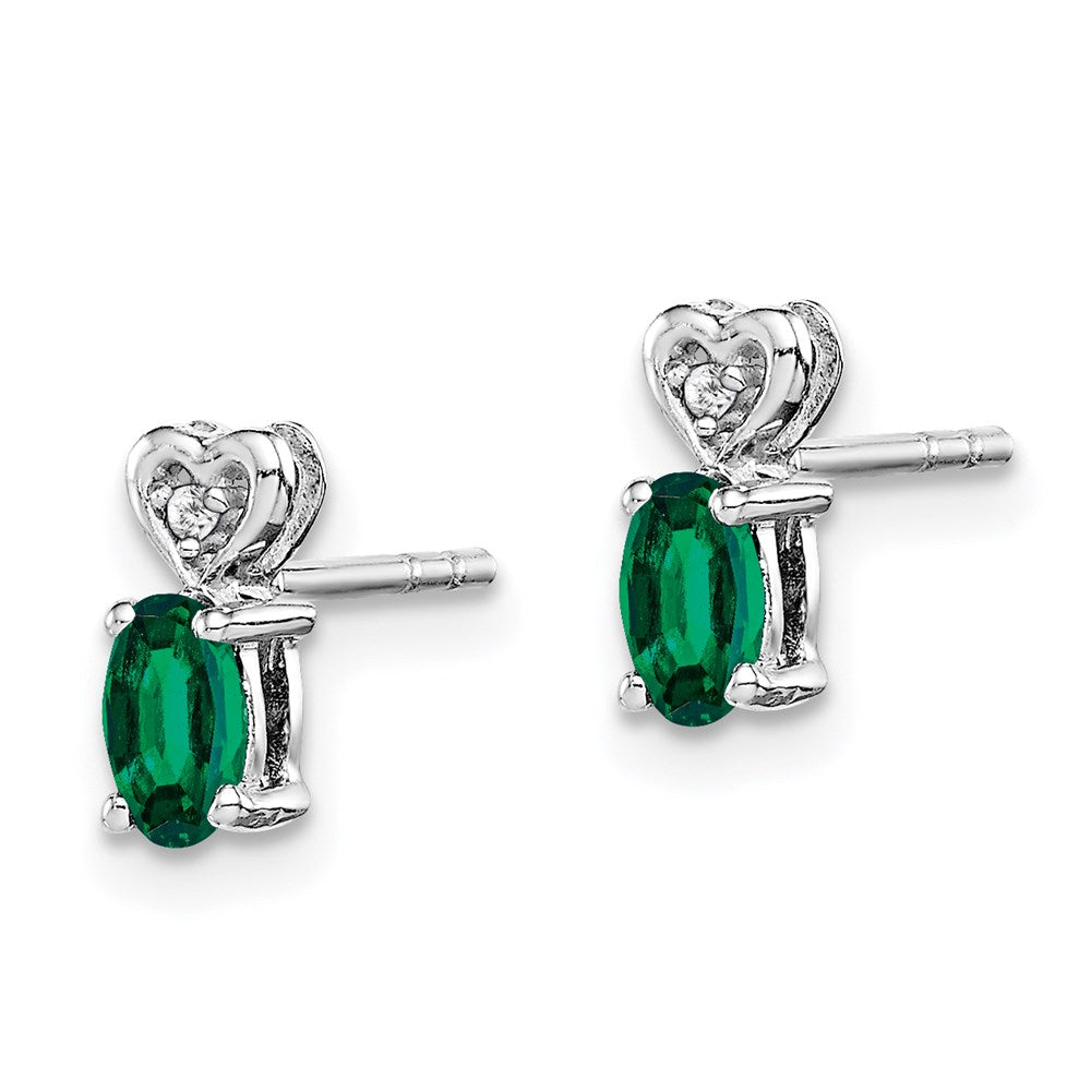 Sterling Silver Rhodium-plated Created Emerald & Diam. Earrings