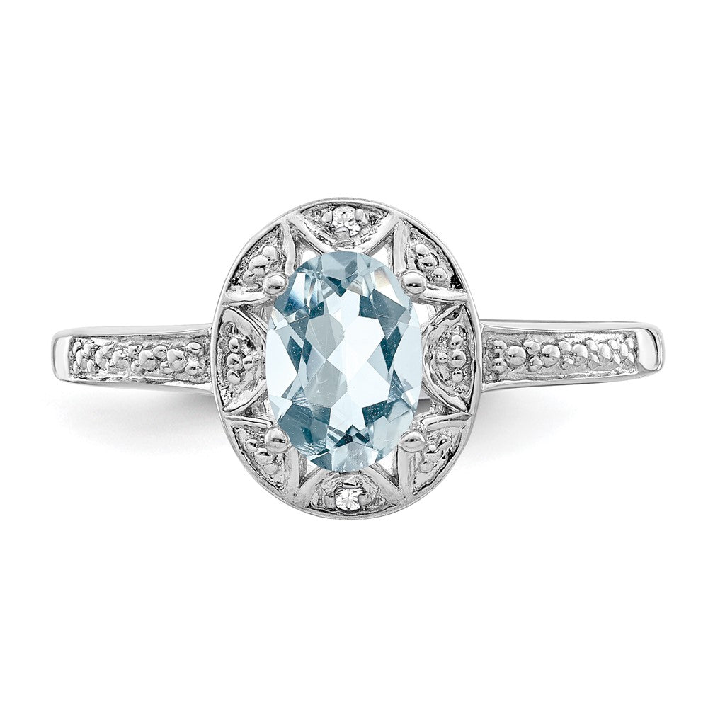Sterling Silver Rhodium-plated Diam. & Aquamarine Ring