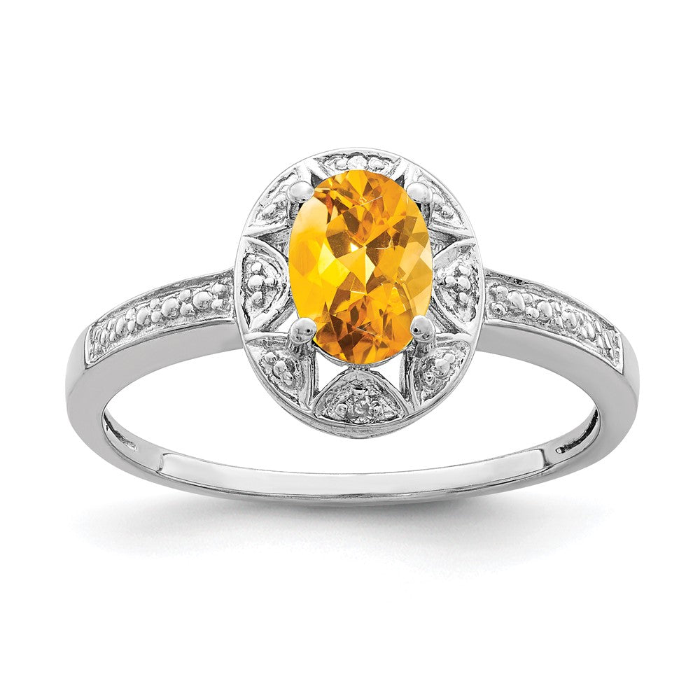 Sterling Silver Rhodium-plated Diam. & Citrine Ring