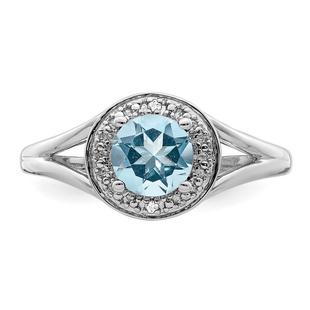 Sterling Silver Rhodium-plated Diam. & Aquamarine Ring