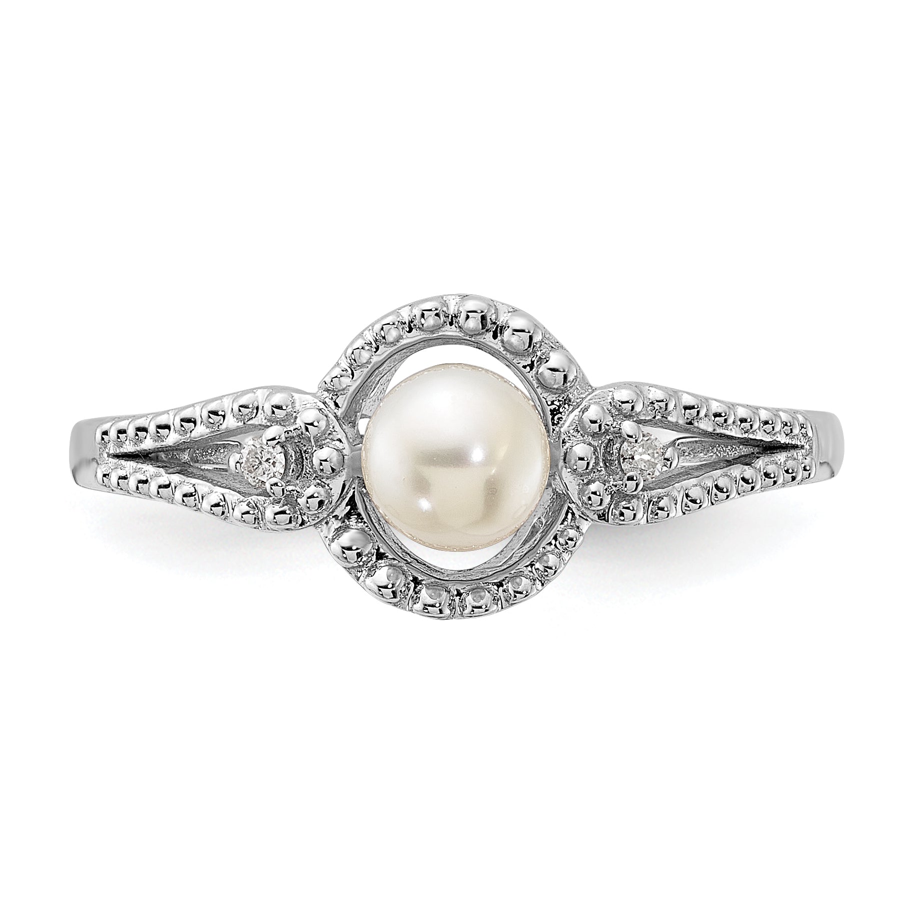Sterling Silver Rhodium-plated FW Cultured Pearl & Diam. Ring