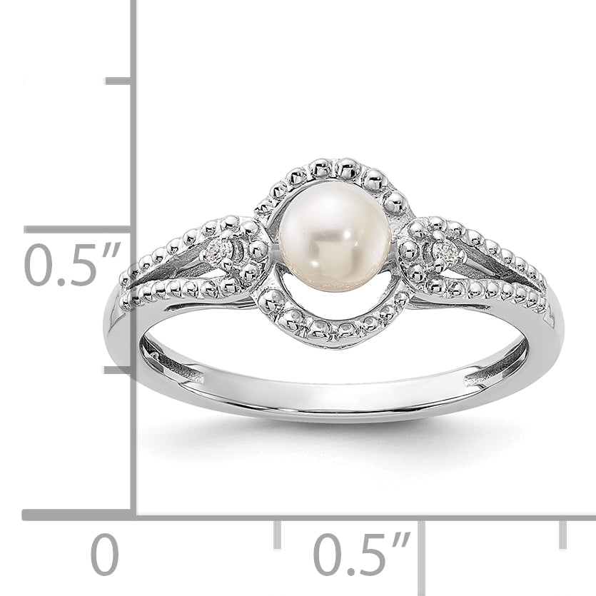 Sterling Silver Rhodium-plated FW Cultured Pearl & Diam. Ring
