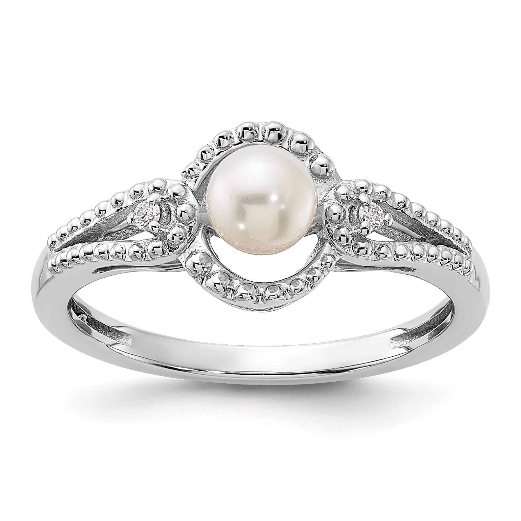 Sterling Silver Rhodium-plated FW Cultured Pearl & Diam. Ring