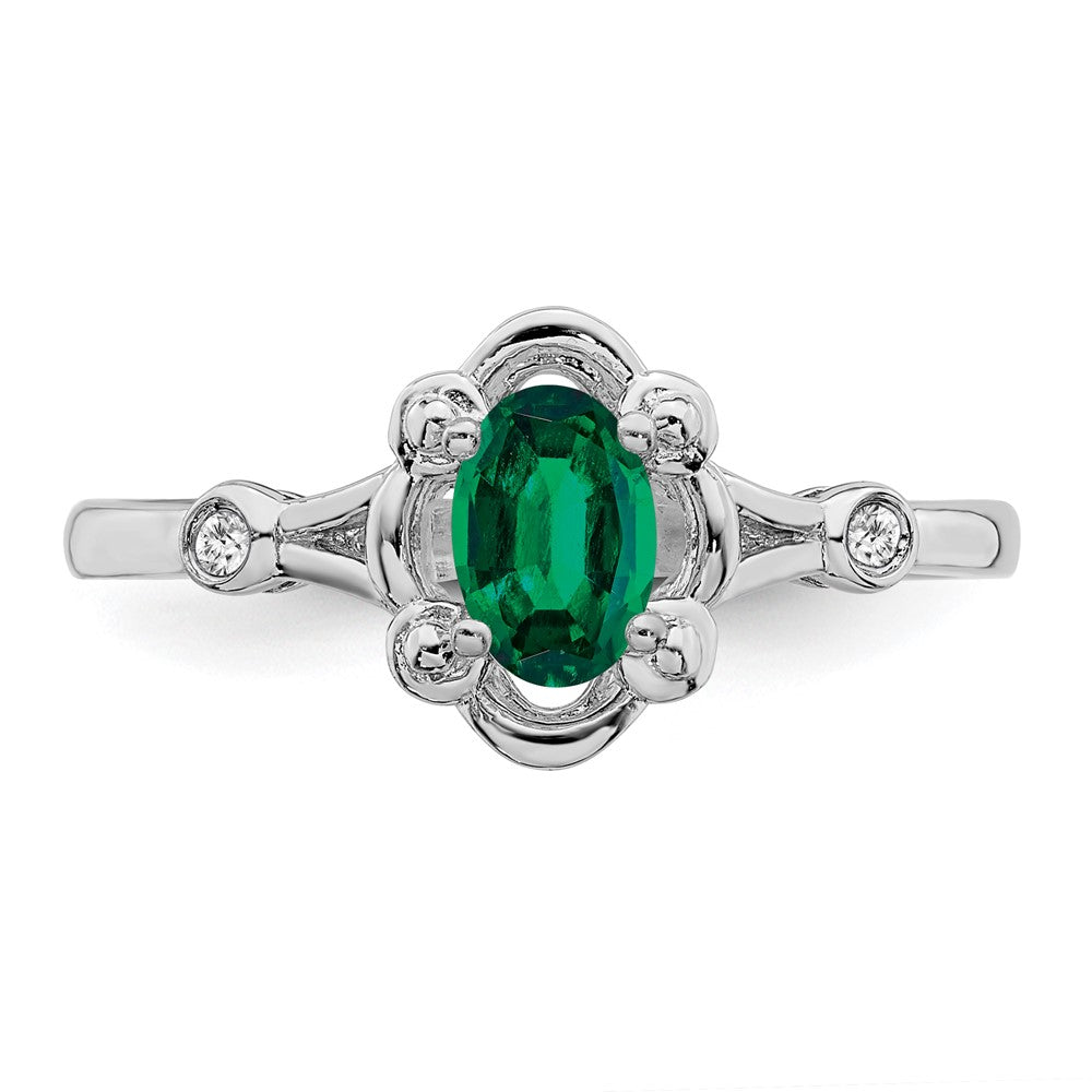 Sterling Silver Rhodium-plated Created Emerald & Diam. Ring