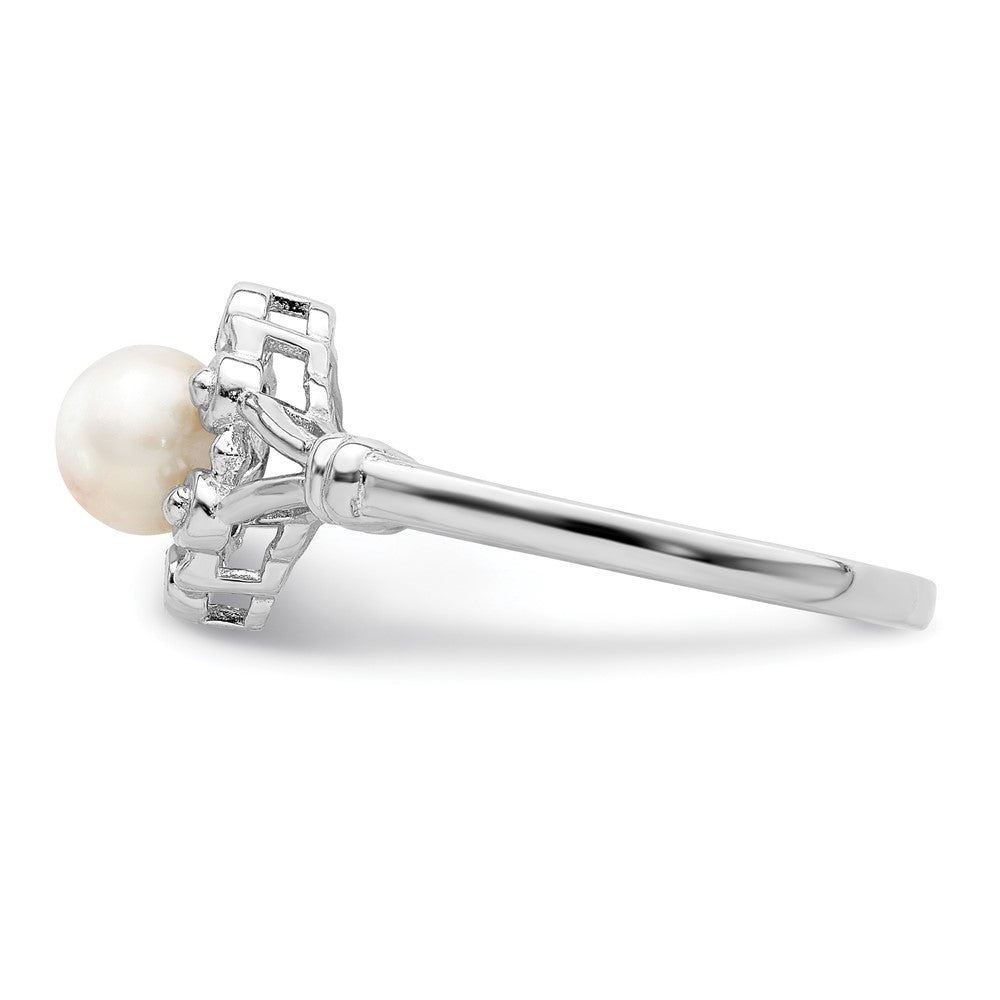 Sterling Silver Rhodium-plated FW Cultured Pearl & Diam. Ring