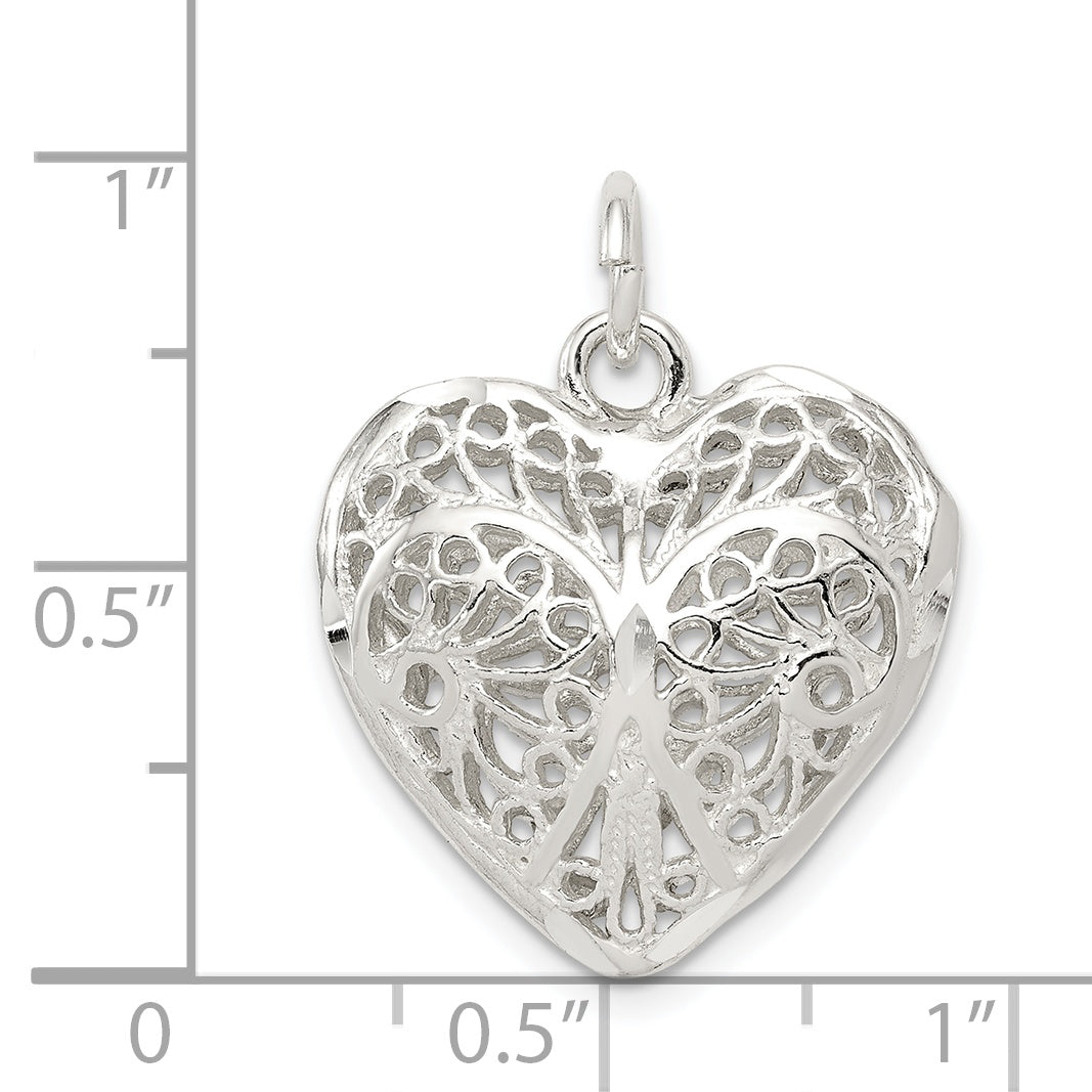 Sterling Silver Fancy Filigree Puffed Heart Charm